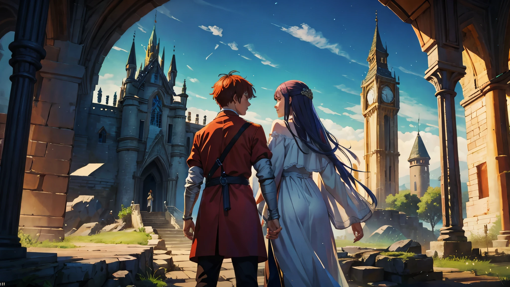 "Craft an imaginative artwork set in a fantasy medieval realm, featuring the man and woman as characters on a quest, amidst a landscape where mystical creatures coexist with ancient castles, weaving a tale of magic, adventure, and timeless love."