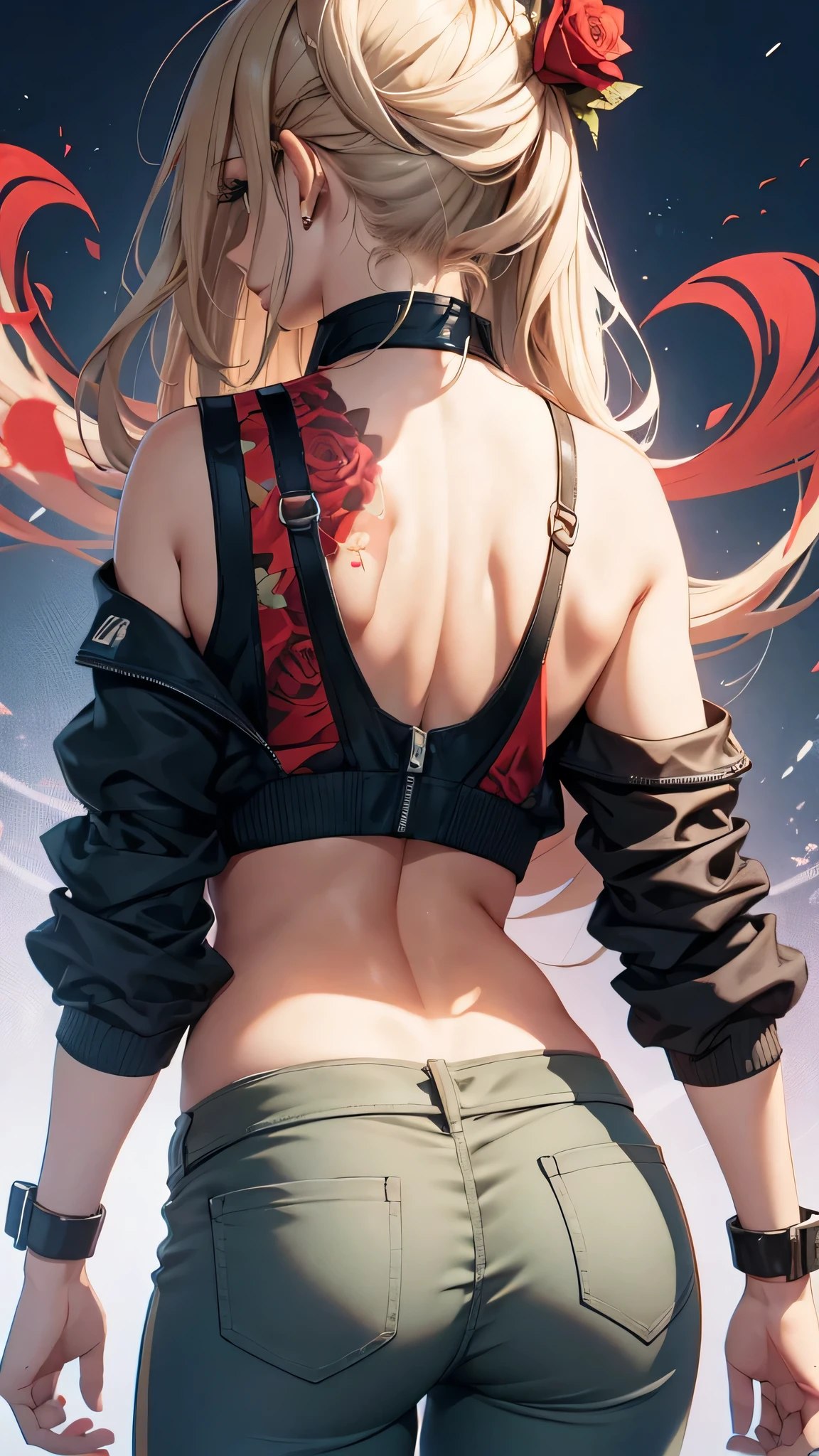 最high quality、best image quality、masterpiece、age girl((20-year-old、 By becoming、vest bust、medium bust,wide open breast tea、black eye, blonde hair、long hair、thin,highest valley、Rear view、blue sports bra、big rose tattoo on back、green long pants)),high quality、beautiful art、background((Red smoke))debris flies、Depth of written boundary、movie、visual art、perfect art、8K,genuine