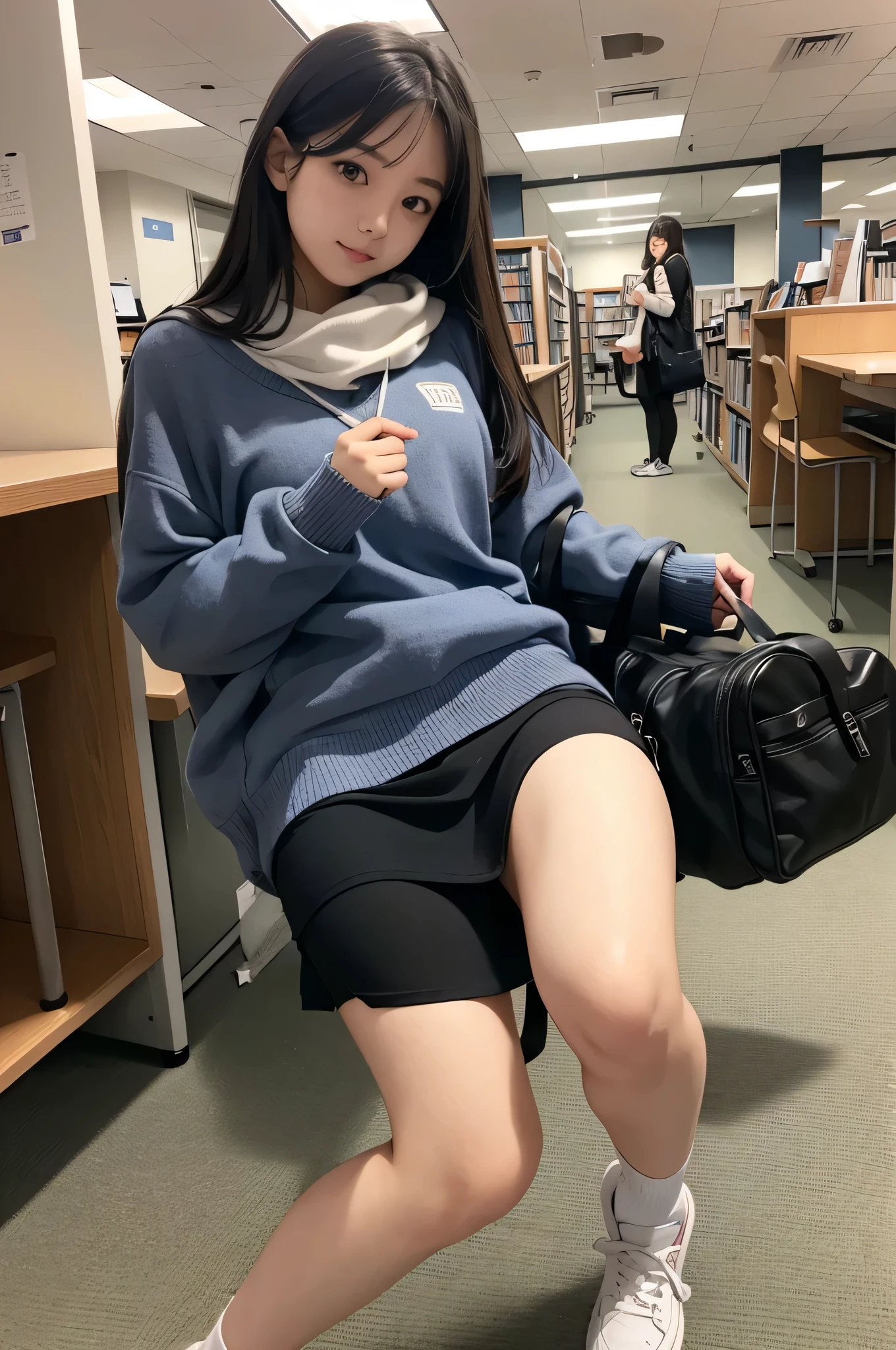 Wear a super mini skirt、I am a 20 year old female college student.、When I'm in the library