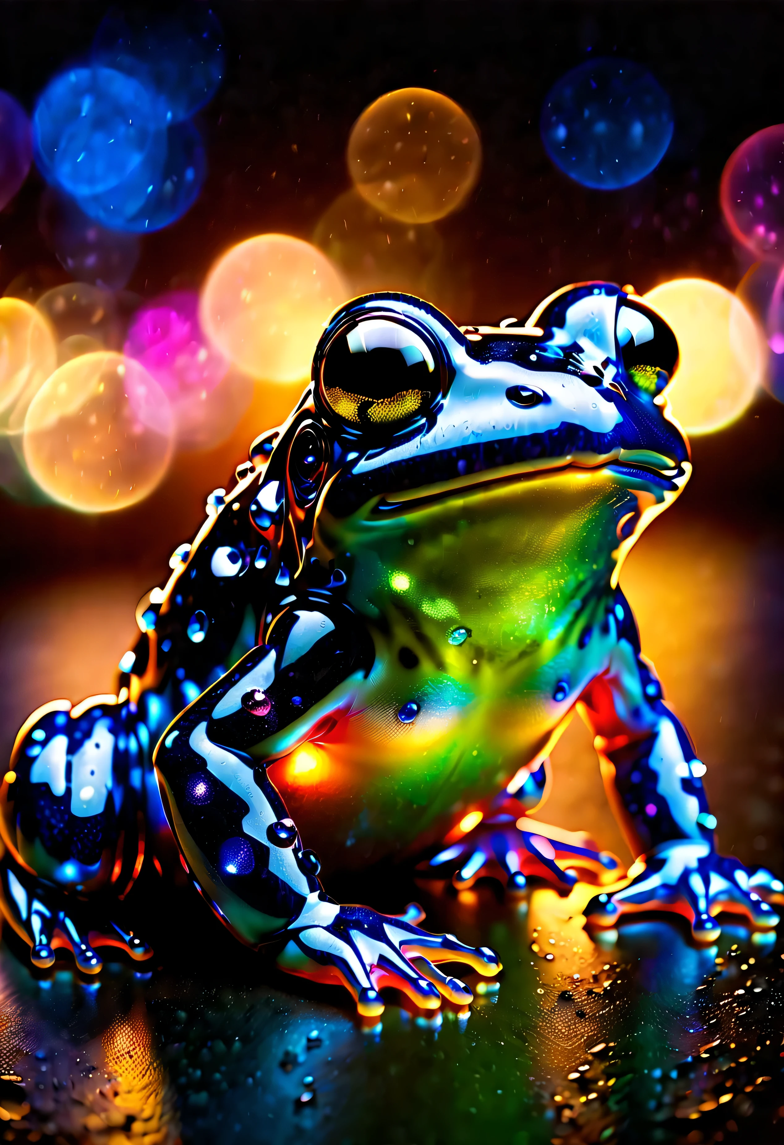 macro photo, a beautiful frog, Luminous lamp, Beautiful magical spark, Vibrant whimsical colors, Made by ral-obsdn 