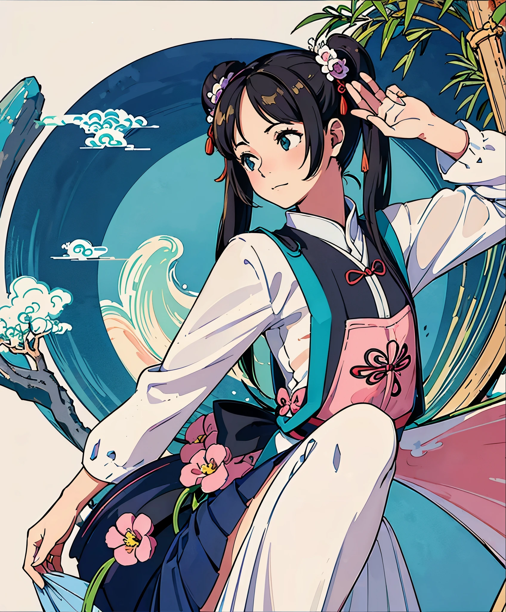 (masterpiece、highest quality、highest quality、official art、beautiful beautiful:1.2)、(1 girl:1.3)Hatsune Miku、big breasts、twin tails、adorable笑顔、very detailed、16 year old girl,Waving loudly with a remote island in the background,Summery white dress,1sticker，handbook，（sticker，1 girl，Ming Dynasty Chinese clothes，Gorgeous collared top，pleated long skirt，Hanfu，embroidery，hairpin，bamboo，moss，pavilion）， watercolor，white background， simple back gown， cent， adorable， small， pastel colour， vector style， Not graded，background classical chinese style
