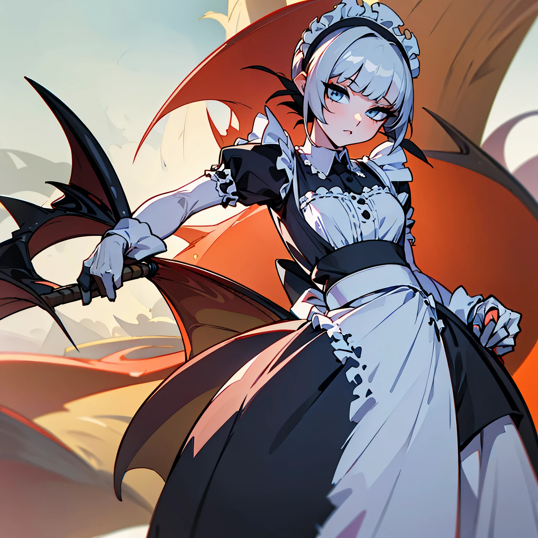 (melhor qualidade: 1.0), (super high resolution: 1.0), personagem extremamente detalhado, detailed hands, Half dragon girl, chifres, scales on the neck, escamas nos ombros, scales on the forearm, escamas na bochecha, girl with dragon tail, dragon tail, cabelo extremamente detalhado, cabelo curto, ((cabelo branco)), ((Fechaduras pretas)), olhos extremamente detalhados, olho com cores diferentes, heterocromia, olho direito branco e olho esquerdo preto, Dragon Eyes, 2D, arte de anime, ((roupa de maid)), ((corpo todo)), standing, medieval, RPG, Pequeno, Bonitinho, corado