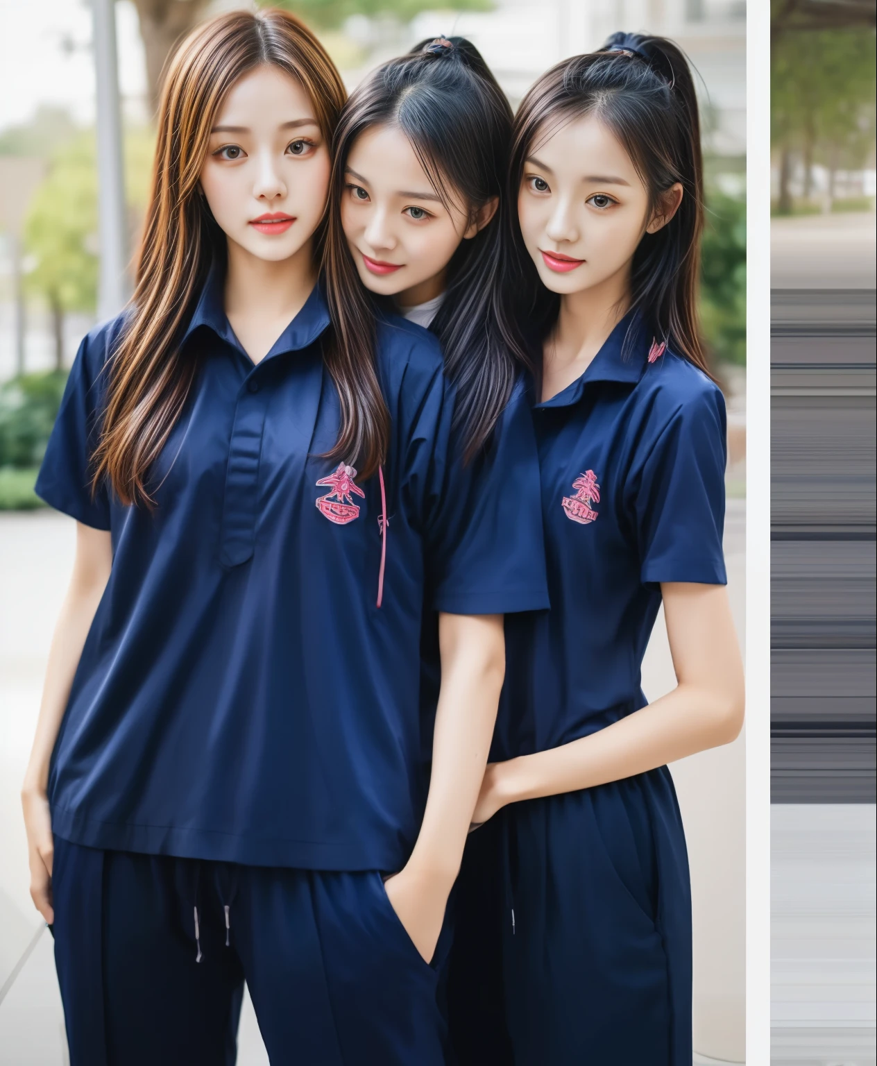 3 girls in fitness center, Navy blue short-sleeved shirt,Navy Long Trackpant,Sweatpants, Sweatpantsขายาว,25 year old girl, lesbian, sexy, exercise clothes, wet body, exercise clothes