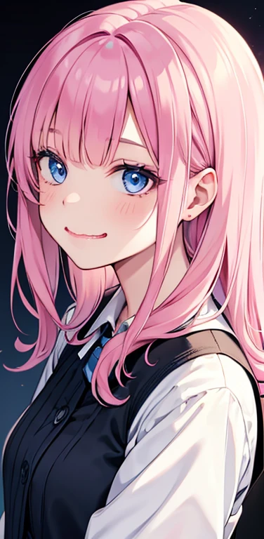 Realistic、1girl、fluorescence　pink hair、blue eyes、(eye focus:1.3,face focus:1.3,upper body:1.5),(gradient eyes:1.3),(blouse)、open mouth,Wavy mouth、(light smile:1.3),blunt bangs、cute face,portrait,