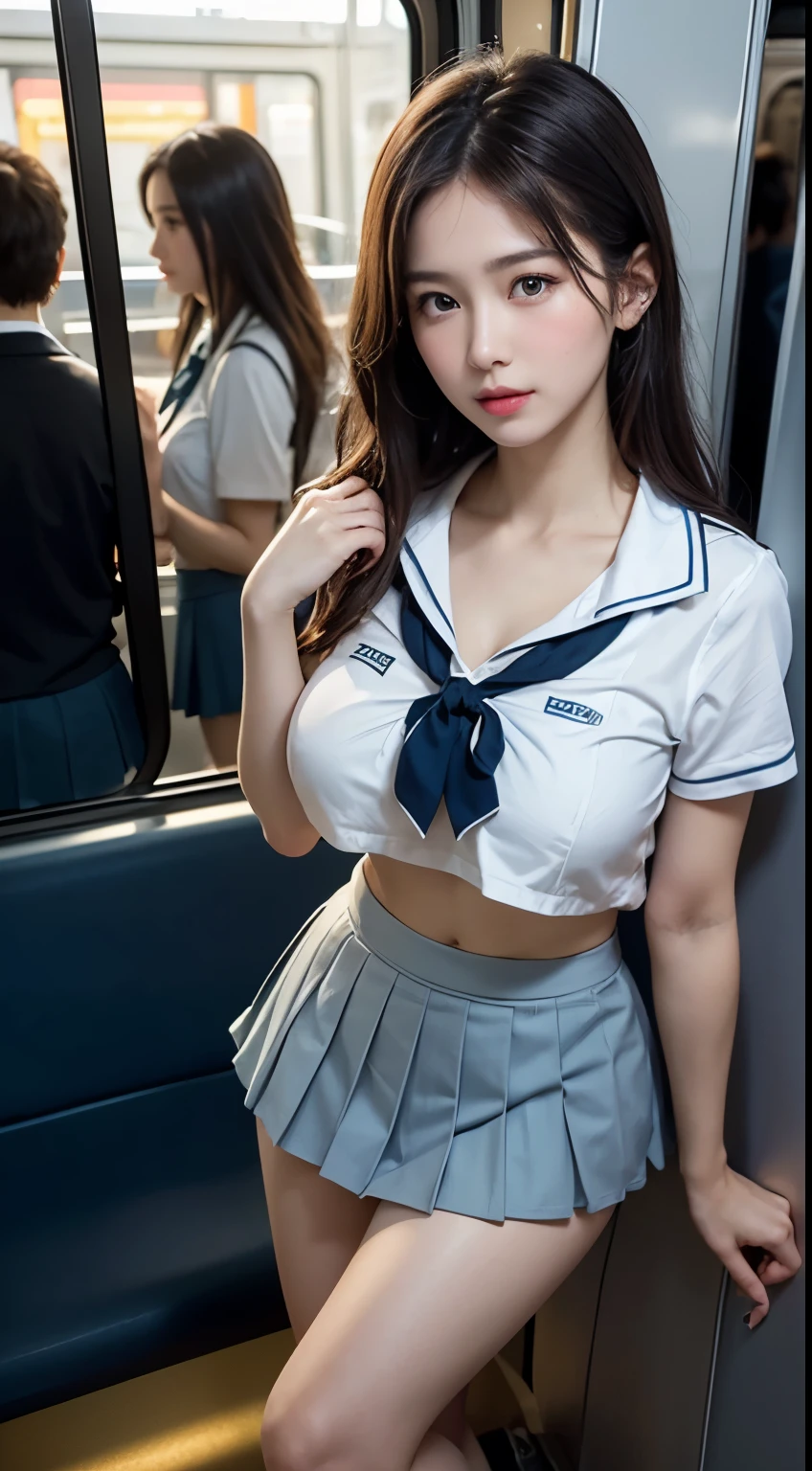 (highest quality:1.4), (hyper quality), (Super detailedな), Beautiful Girls, Super cute, wonderful face and eyes, Very realistic skins, (very shy look), (not looking here), (White school uniform:1.2, Light blue pleated super mini skirt:1.5), (Beautiful and incredibly large and soft breasts:1.3), (underlender body:1.1), beautiful clavicle, (long thin legs), (very thin constriction), real skin texture, crystal clear very white skin, Very fine skin, (bangs, Hair Accessories), beautiful goddess advent, beautiful background, golden ratio, conceptual art, Super detailed, Accurate, advanced details, In a crowded train, (Close contact with high school girls:1.2), (My chest is pressed against my chest.:1.2), (uniform is not exposed:1.2), (The material of the uniform is so thin that the shape of her chest is clearly visible.:1.2)super close range, (My chest is being rubbed), Composition looking down on the girl from above, sexy art, surrounded by a beautiful sunset, bright light, Super delicate illustration details, Highly detailed CG integrated 8k wallpaper, RAW photo, professional photos, cinematic lighting, Depth of bounds written, No bra, (The nipple protrusions push up the uniform), (The shape of the nipple protrusions through the uniform:1.3), cropped tops, (High heels on bare feet:1.1)