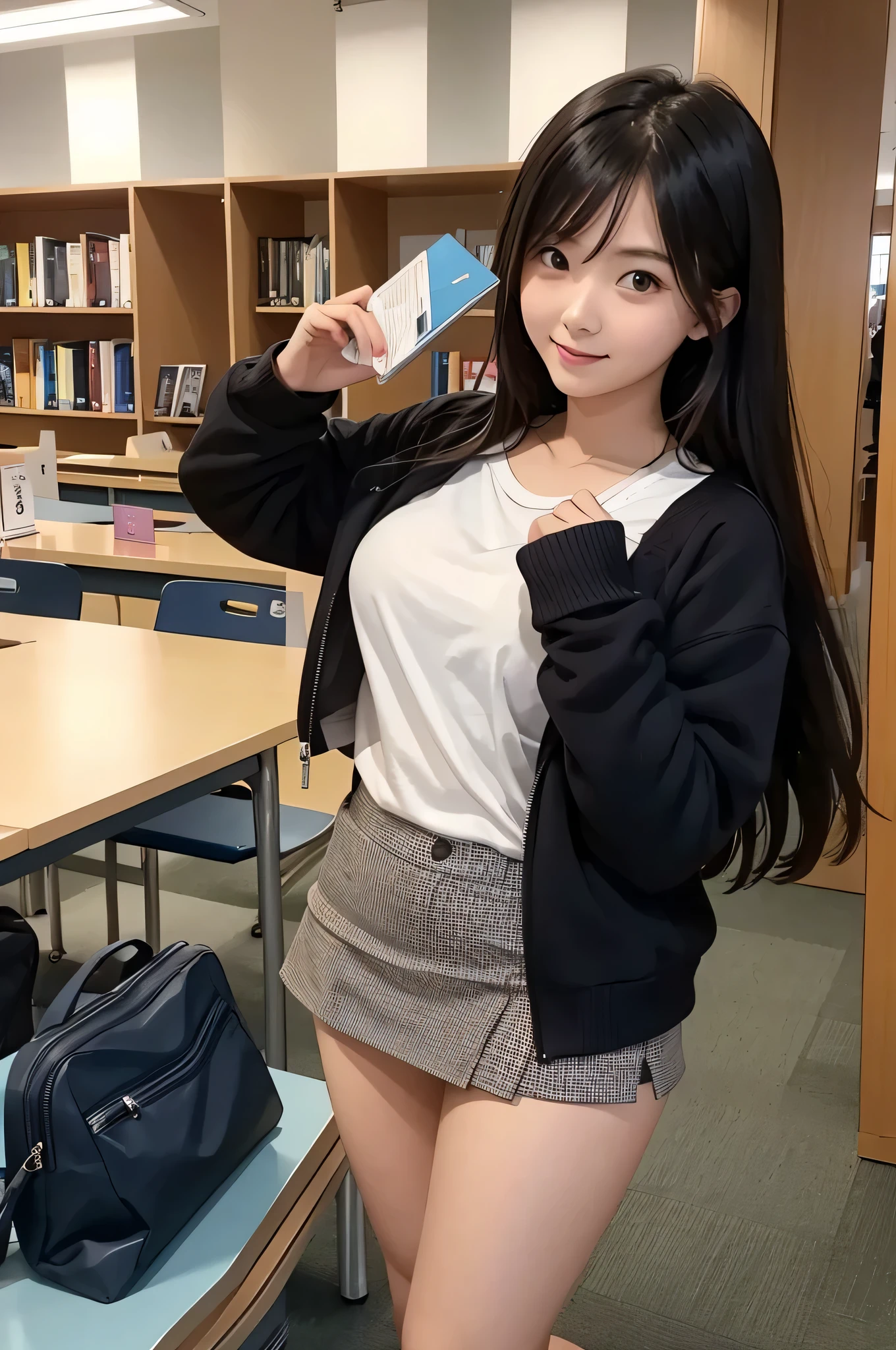 Wearing black knee-high socks、Highest quality、8K、Junior high school girl、Big Breasts、Denim shorts、Sit at a desk、Spread your legs、Grey knitted sweater