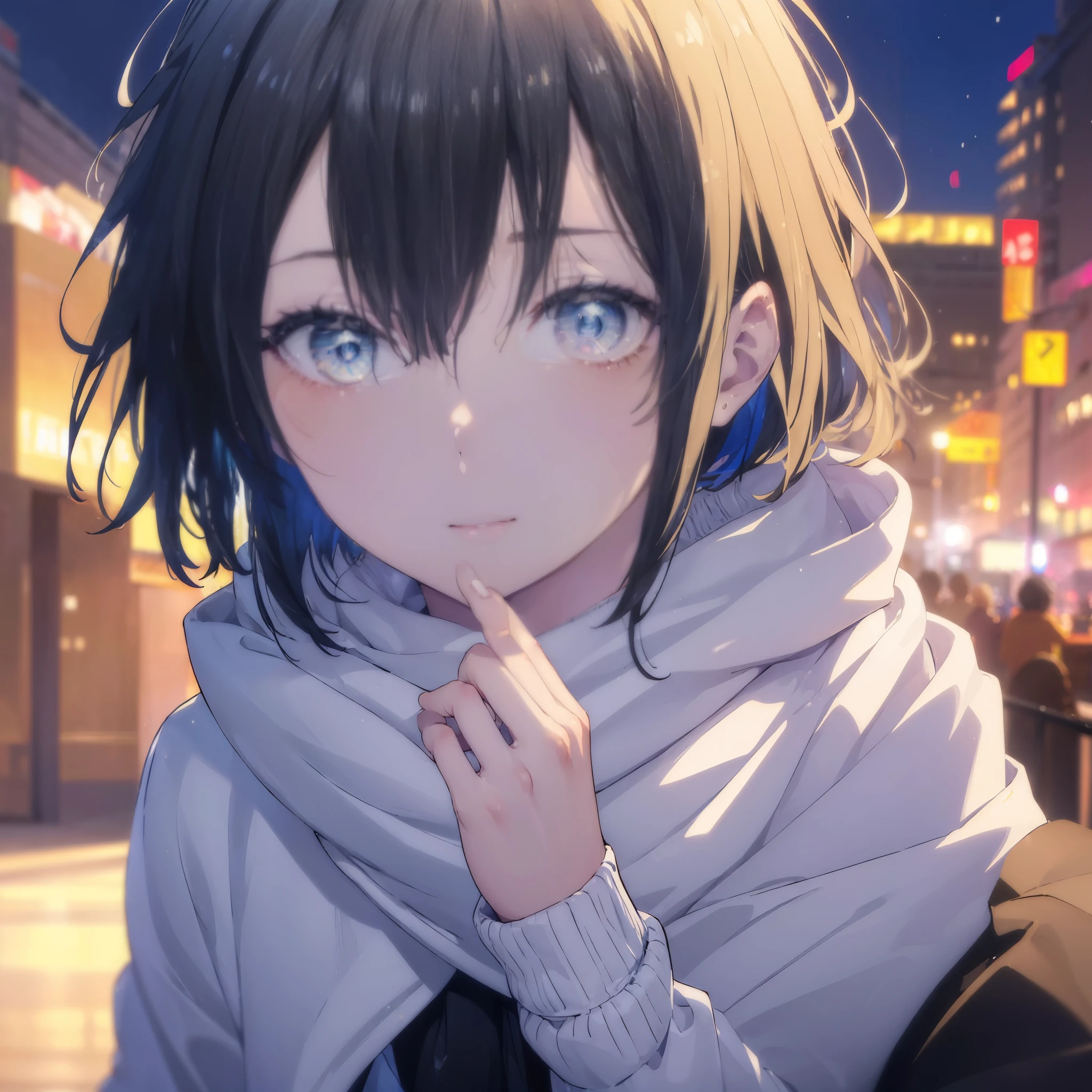 Yukiyuki Yukinoshita, Yukinoshita yukino, black hair, blue eyes, short hair, Ahoge,smile,white long coat,black sweater,scarf,denim skinny pants,stiletto heels,daytime,winter,city,building street,whole body,break (masterpiece:1.2), highest quality, High resolution, unity 8k wallpaper, (shape:0.8), (beautiful and detailed eyes:1.6), highly detailed face, perfect lighting, Very detailed CG, (perfect hands, perfect anatomy),