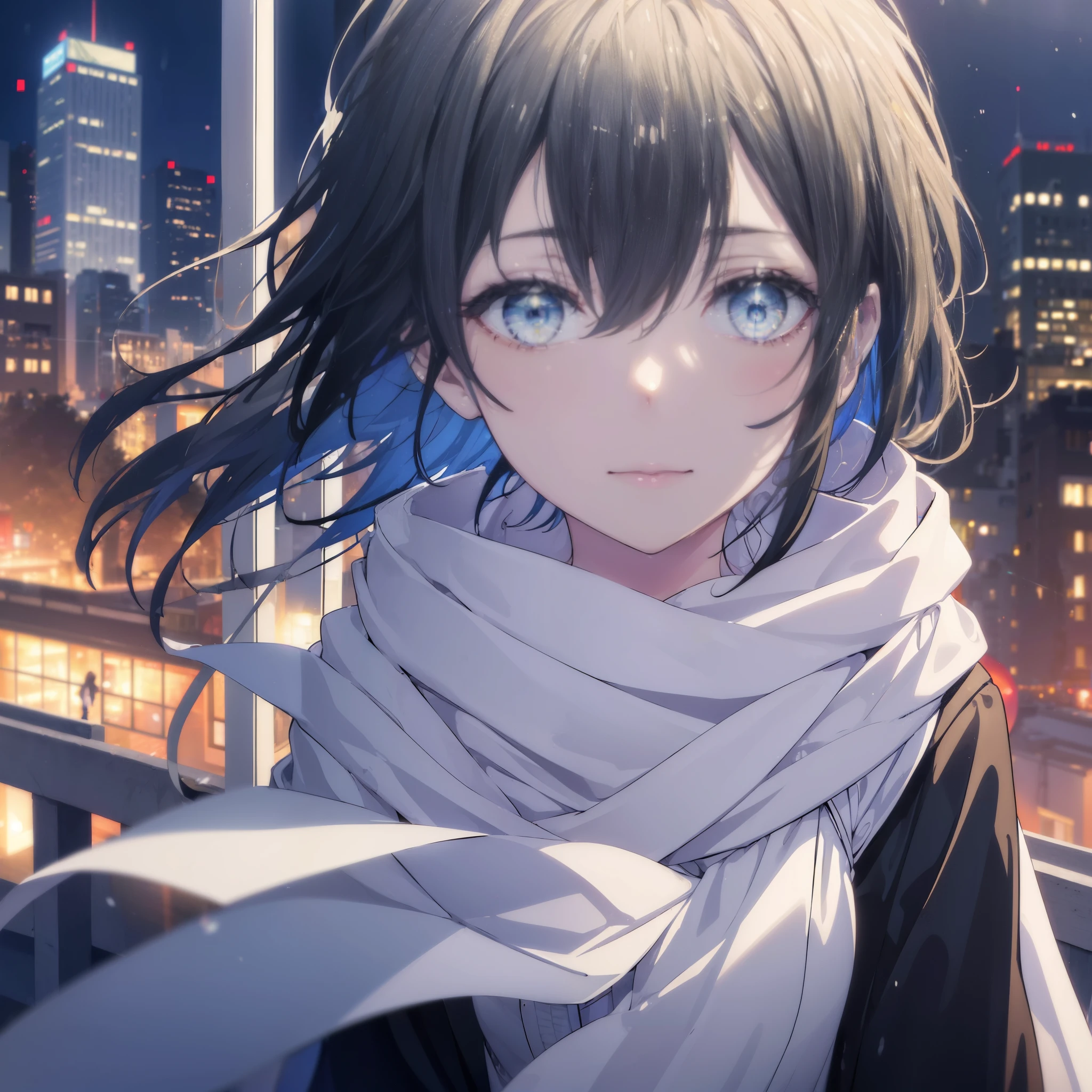 Yukiyuki Yukinoshita, Yukinoshita yukino, black hair, blue eyes, short hair, Ahoge,smile,white long coat,black sweater,scarf,denim skinny pants,stiletto heels,daytime,winter,city,building street,whole body,break (masterpiece:1.2), highest quality, High resolution, unity 8k wallpaper, (shape:0.8), (beautiful and detailed eyes:1.6), highly detailed face, perfect lighting, Very detailed CG, (perfect hands, perfect anatomy),