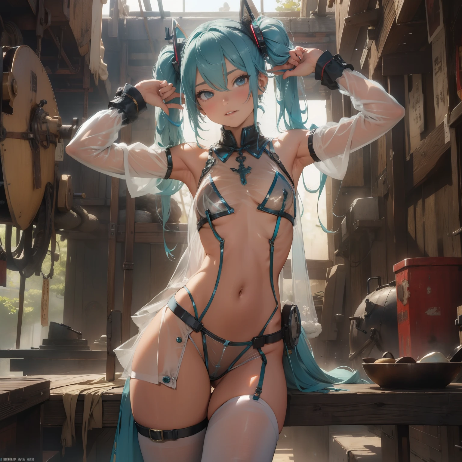 (quality)), ((masterpiece)), Recommended results、Puffy nipples、(see through:1.5)、straighten your back、abdominal muscles、huge bust、angle to floor:1.2、low camera angle、Hair loss on crotch，Hatsune Miku，Chinese ink style，Steampunk world，Steampunk armored dragon girl，