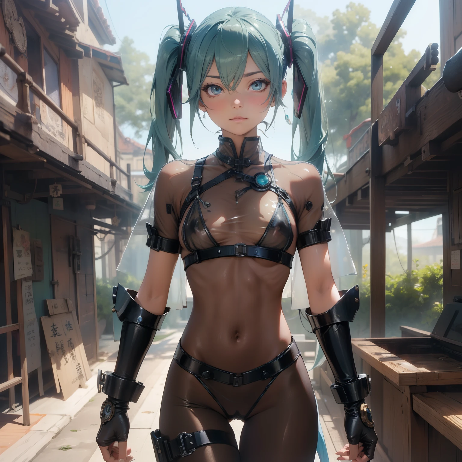 (quality)), ((masterpiece)), Recommended results、Puffy nipples、(see through:1.5)、straighten your back、abdominal muscles、huge bust、angle to floor:1.2、low camera angle、Hair loss on crotch,Hatsune Miku,Chinese ink style,Steampunk world,Steampunk armored dragon girl,