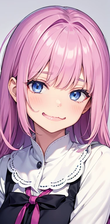 Realistic、1girl、fluorescence　pink hair、blue eyes、(eye focus:1.3,face focus:1.3,upper body:1.5),(gradient eyes:1.3),(blouse)、open mouth,Wavy mouth、(light smile:1.3),blunt bangs、cute face,portrait,