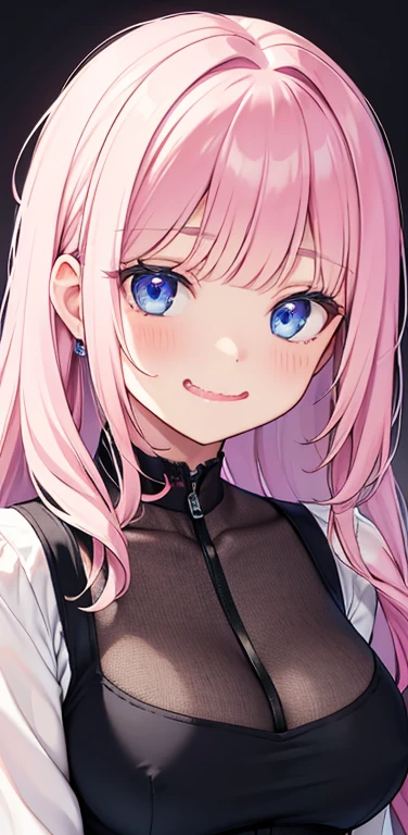 Realistic、1girl、fluorescence　pink hair、blue eyes、(eye focus:1.3,face focus:1.3,upper body:1.5),(gradient eyes:1.3),(blouse)、open mouth,Wavy mouth、(light smile:1.3),blunt bangs、cute face,portrait,