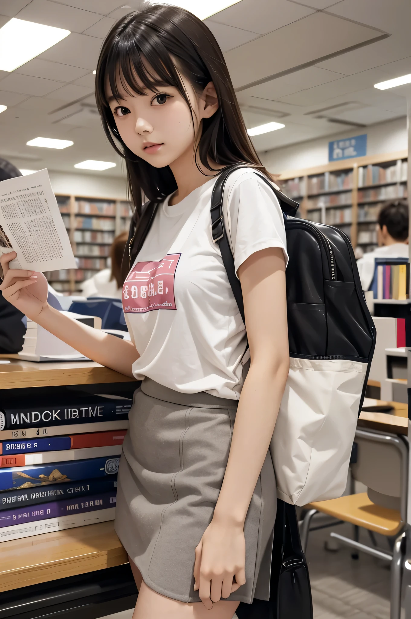 Wear a super mini skirt、I am a 20 year old female college student.、Holding a large stack of documents in both hands at the library
