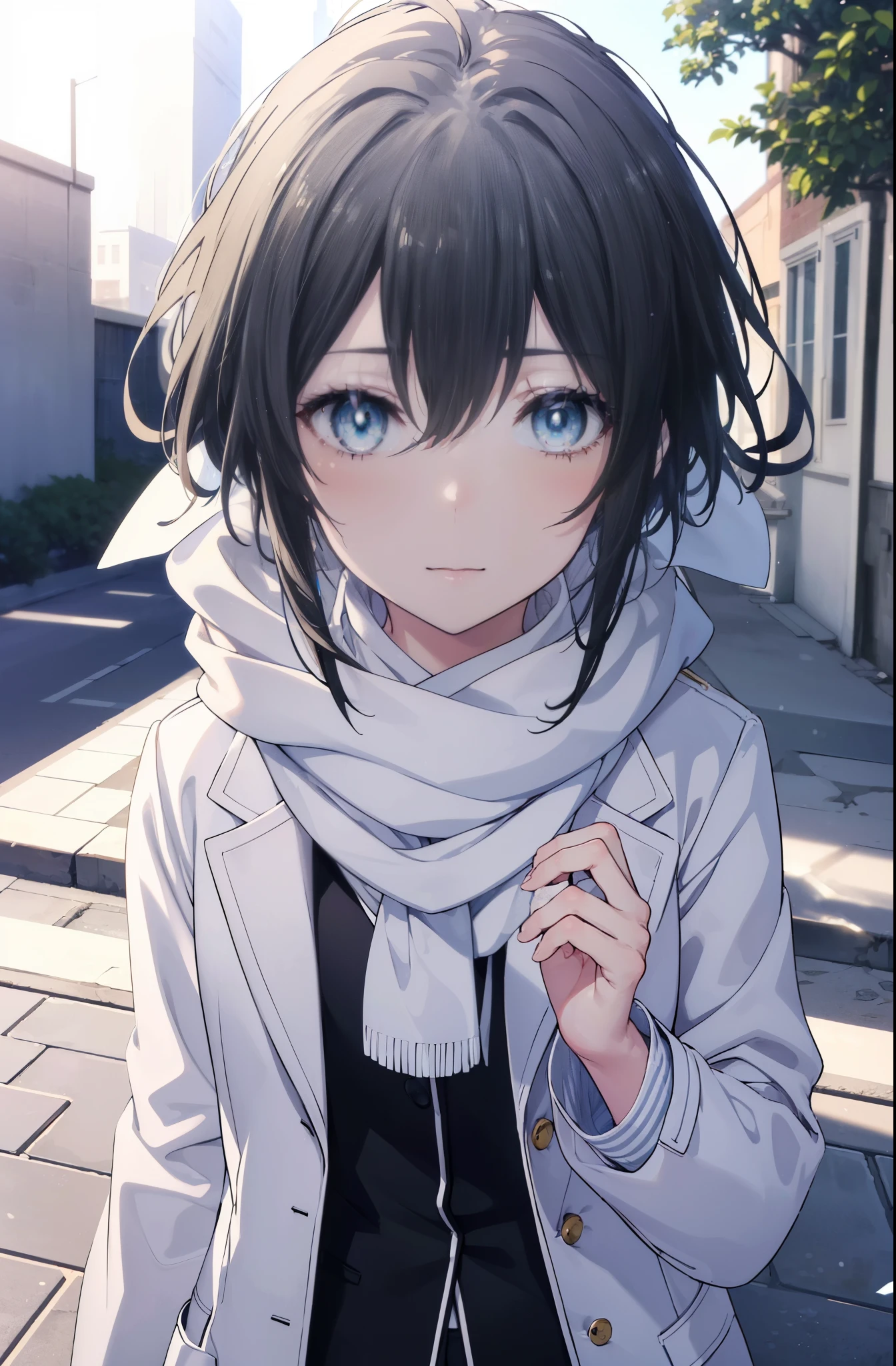 Yukiyuki Yukinoshita, Yukinoshita yukino, black hair, blue eyes, short hair, Ahoge,smile,white long coat,black sweater,scarf,denim skinny pants,stiletto heels,daytime,winter,
break outdoors, garden bench,
break looking at viewer, whole body,looking down from above,
break (masterpiece:1.2), highest quality, High resolution, unity 8k wallpaper, (shape:0.8), (beautiful and detailed eyes:1.6), highly detailed face, perfect lighting, Very detailed CG, (perfect hands, perfect anatomy),