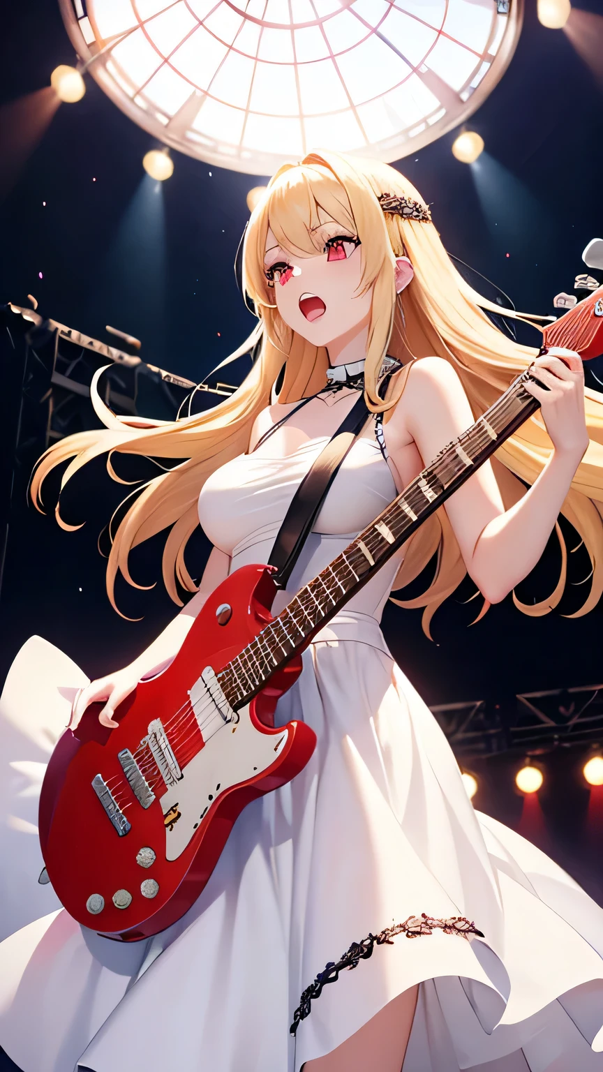 Beautiful blonde woman with red eyes and long hair、Sing like a punk while playing an electric guitar on a large dome stage、pure white prom dress、anime style、delicate touch、flashily