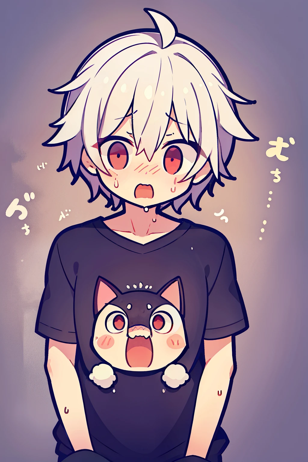 juvenile、(boy)、(white hair)、absolute red eyes、赤い目のjuvenile、messy hair、very short hair、short hair、((Surprised expression))、embarrassed expression、(Mouth opens)、(surprised expression)、Sweat、simple background