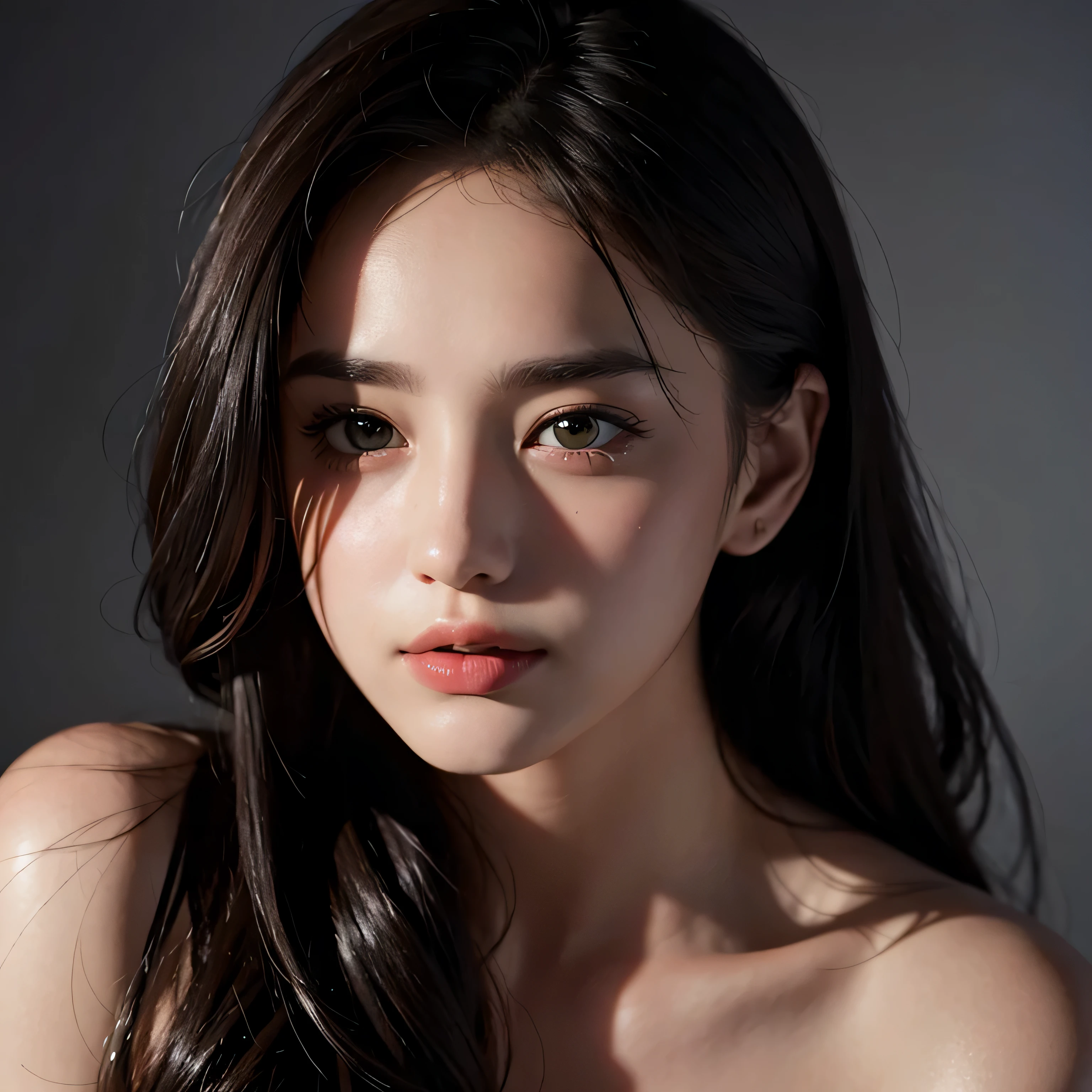 Best quality, masterpiece, ultra high res, (photorealistic:1.4), raw photo, 1girl, offshoulder, in the dark, deep shadow, low key, cold light
