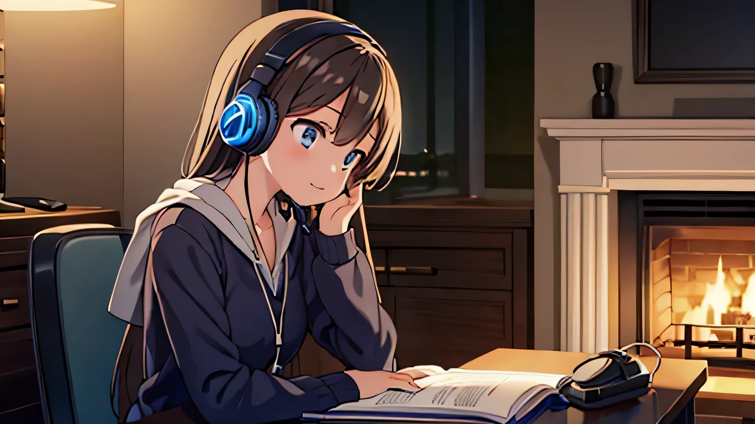 Girl studying, headset