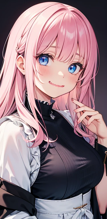 Realistic、1girl、fluorescence　pink hair、blue eyes、(eye focus:1.3,face focus:1.3,upper body:1.5),(gradient eyes:1.3),(blouse)、open mouth,Wavy mouth、(light smile:1.3),blunt bangs、cute face,portrait,