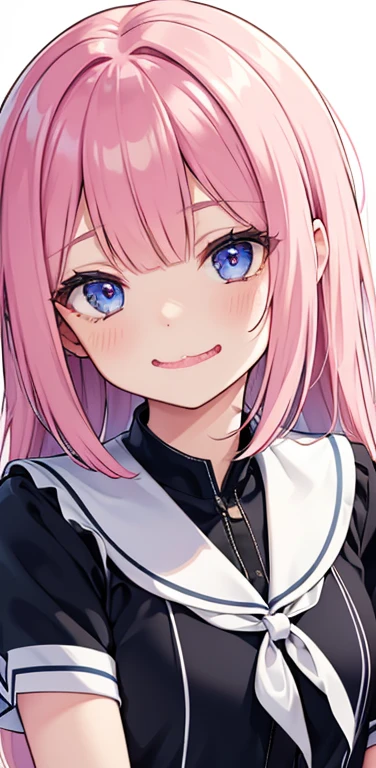 Realistic、1girl、fluorescence　pink hair、blue eyes、(eye focus:1.3,face focus:1.3,upper body:1.5),(gradient eyes:1.3),(blouse)、open mouth,Wavy mouth、(light smile:1.3),blunt bangs、cute face,portrait,