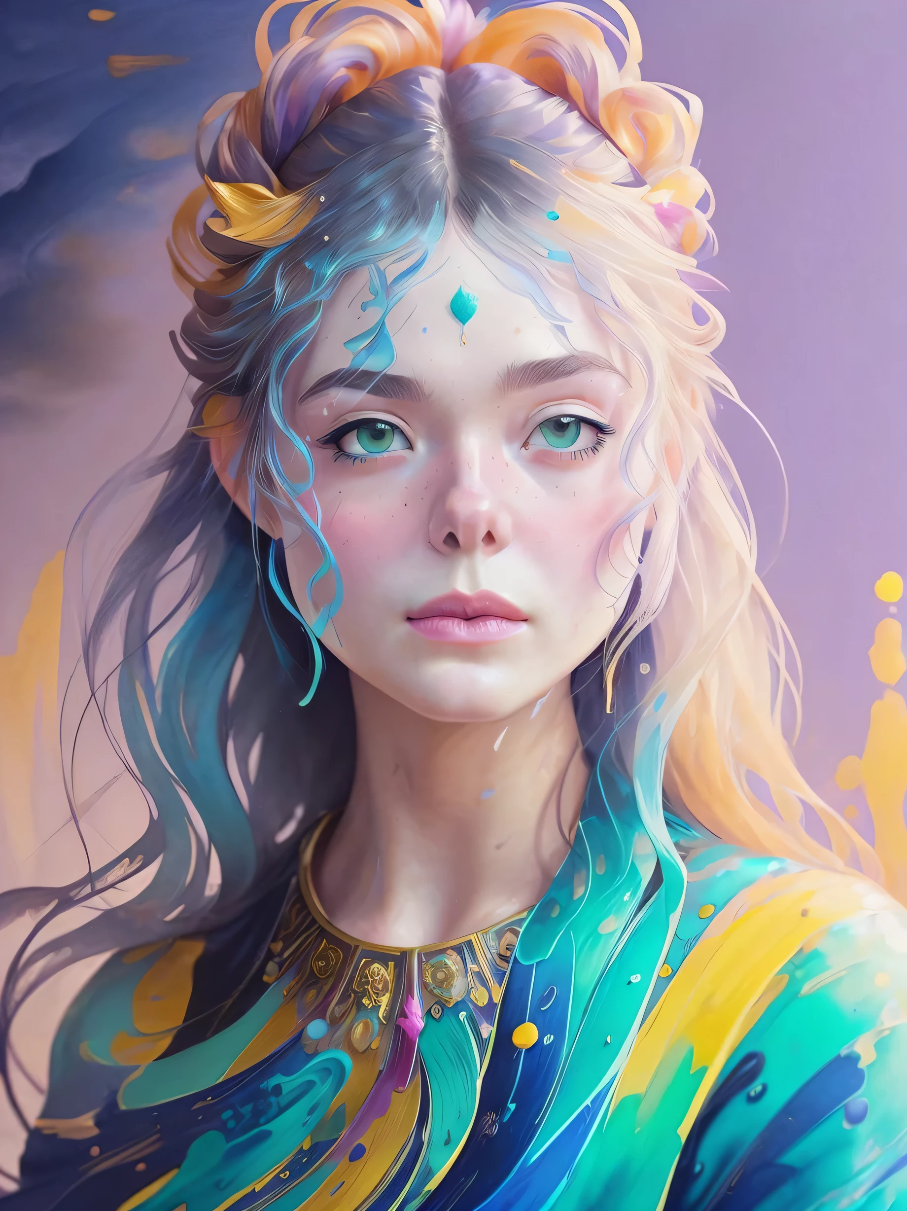 Colorful beautiful girl: a giru 28-years old, messy hair, oil painting, nice perfect face with soft skinice perfect face, blue yellow colors, light purple and violet additions, light red additions, intricate detail, splash screen, 8k resolution, masterpiece, cute face,artstation digital painting smooth veryBlack ink flow: 8k resolution photorealistic masterpiece: intricately detailed fluid gouache painting: by Jean Baptiste Mongue: calligraphy: acrylic: watercolor art, professional photography, natural lighting, volumetric lighting maximalist photoillustration: by marton bobzert:, complex, elegant, expansive, fantastical,  wavy hair, vibrant, Best quality details, realistic, High definition, High quality texture, epic lighting, Cinematic film still, 8k, soft lighting, anime style, masterful playing card border, random Colorful art, oil painting, blue yellow colors, light purple and violet additions, light red additions, intricate detail, splash screen, 8k resolution, masterpiece, artstation digital painting smooth veryBlack ink flow: 8k resolution photorealistic masterpiece: intricately detailed fluid gouache painting: by Jean Baptiste Mongue: calligraphy: acrylic: watercolor art, professional photography, natural lighting, volumetric lighting maximalist photoillustration: by marton bobzert:, complex, elegant, expansive, fantastical, vibrant