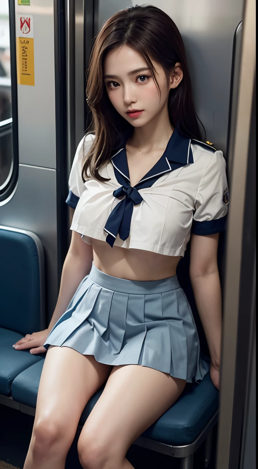 (highest quality:1.4), (hyper quality), (Super detailedな), Beautiful Girls, Super cute, wonderful face and eyes, Very realistic skins, (very shy look), (not looking here), (White school uniform:1.2, Light blue pleated super mini skirt:1.5), (Beautiful and incredibly large and soft breasts:1.3), (underlender body:1.1), beautiful clavicle, (long thin legs), (very thin constriction), real skin texture, crystal clear very white skin, Very fine skin, (bangs, Hair Accessories), beautiful goddess advent, beautiful background, golden ratio, conceptual art, Super detailed, Accurate, advanced details, In a crowded train, (Close contact with high school girls:1.2), (My chest is pressed against my chest.:1.2), (uniform is not exposed:1.2), (The material of the uniform is so thin that the shape of her chest is clearly visible.:1.2)super close range, (My chest is being rubbed, being touched on the leg, being touched on the butt), Composition looking down on the girl from above, sexy art, surrounded by a beautiful sunset, bright light, Super delicate illustration details, Highly detailed CG integrated 8k wallpaper, RAW photo, professional photos, cinematic lighting, Depth of bounds written, No bra, (The nipple protrusions push up the uniform), (The shape of the nipple protrusions through the uniform:1.3), cropped tops, (High heels on bare feet:1.1)