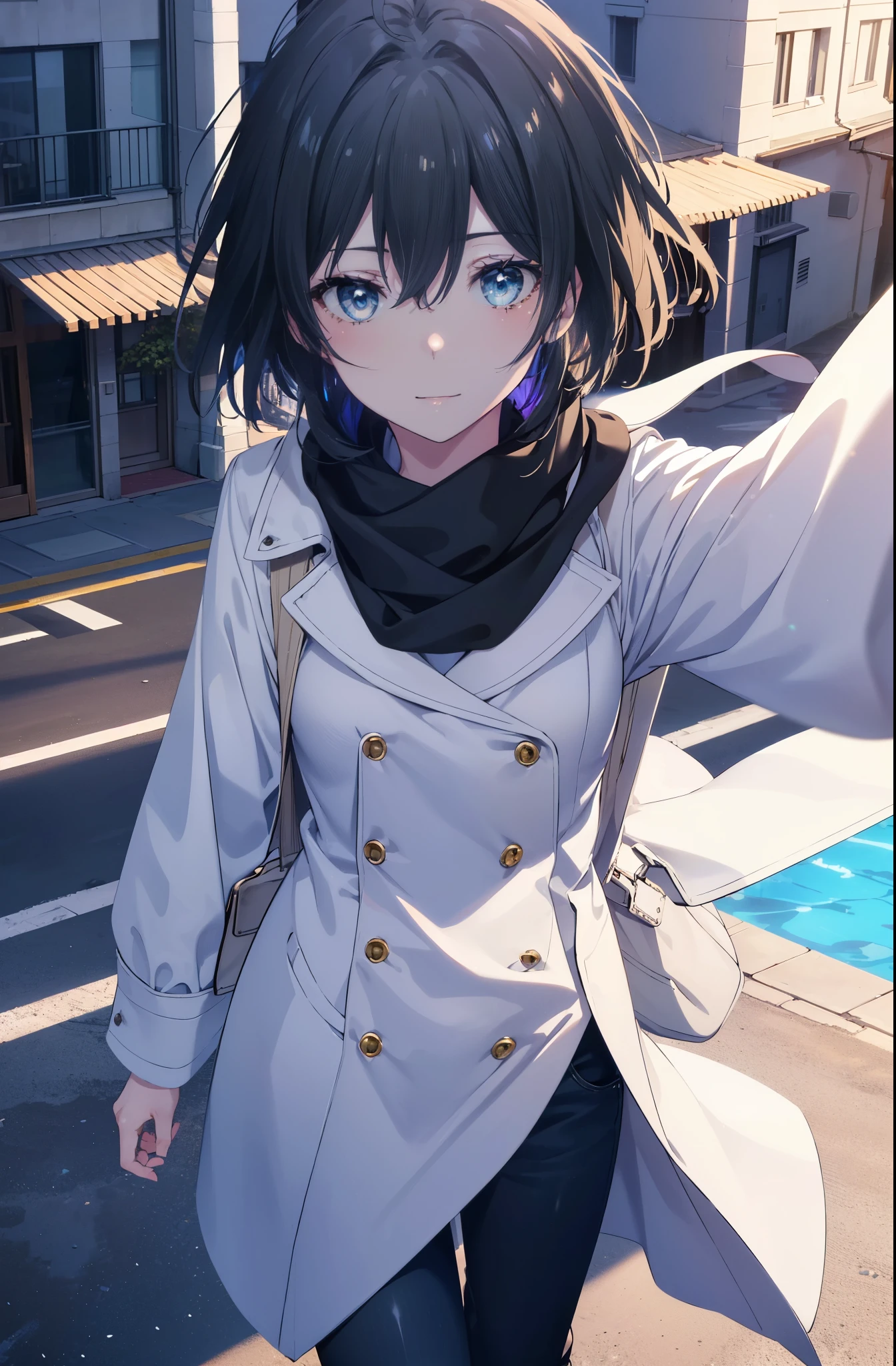 Yukiyuki Yukinoshita, Yukinoshita yukino, black hair, blue eyes, short hair, Ahoge,smile,white long coat,black sweater,scarf,denim skinny pants,stiletto heels,daytime,winter,
break outdoors, In town,building street,
break looking at viewer, whole body,looking down from above,
break (masterpiece:1.2), highest quality, High resolution, unity 8k wallpaper, (shape:0.8), (beautiful and detailed eyes:1.6), highly detailed face, perfect lighting, Very detailed CG, (perfect hands, perfect anatomy),