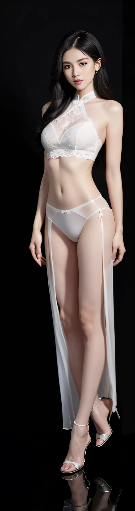 Chinese flight attendant,goddess,Model,28 years old,long black hair,long hair shawl,(Bare shoulder 1.3),amazing脸,amazing体型,(navel exposed 1.3),(Colorless transparent lace 1.5),(1 pair of colorless transparent lace thong.5),(face me 1.3),long legs,amazing,Colorless transparent high heels,Nice shoes,high quality,high contrast,Light,HD,simple gray background,solid color background
