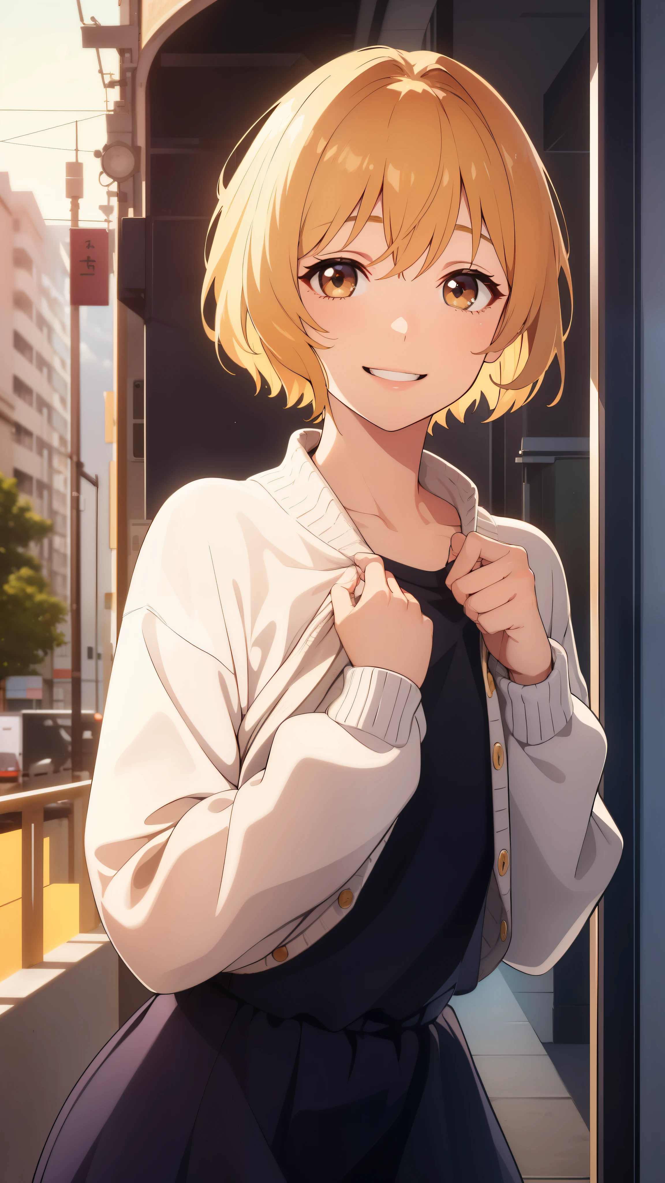 realistic, golden hour lighting, sweater dress, (Upper body), (Idol), (attractive: 1), (Platinum Short Hair: 0.8), ((puffy eyes)), looking at the viewer, facing forward, smile, laughter,middle chest, shirt lift, short hair,