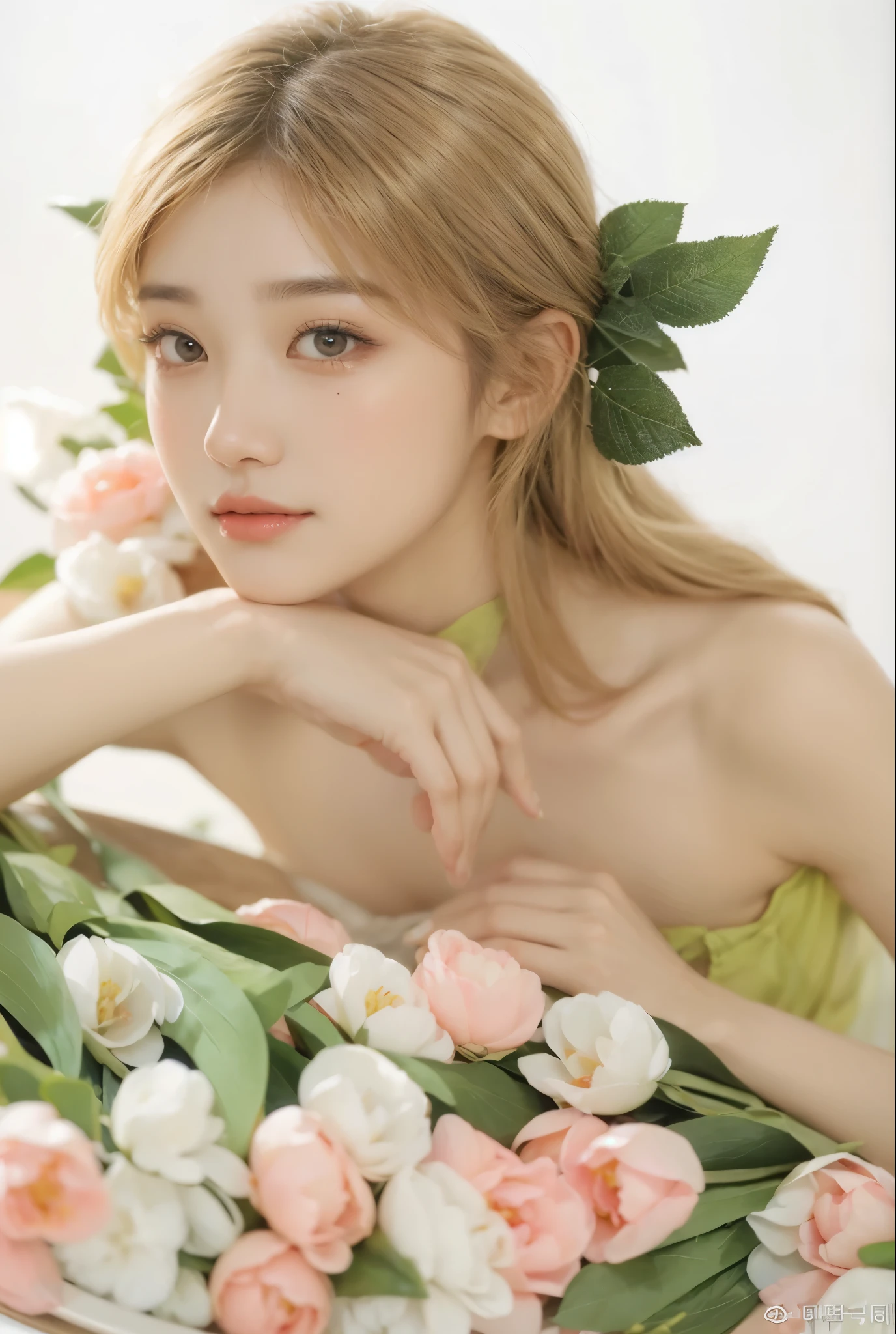 a close up of a woman with a flower in her hair, jinyoung shin, heonhwa choe, with flowers, jaeyeon nam, lee ji - eun, jiyun chae, lee ji-eun, taejune kim, beautiful south korean woman, seseon yoon, park ji-min, xintong chen, beautiful young korean woman