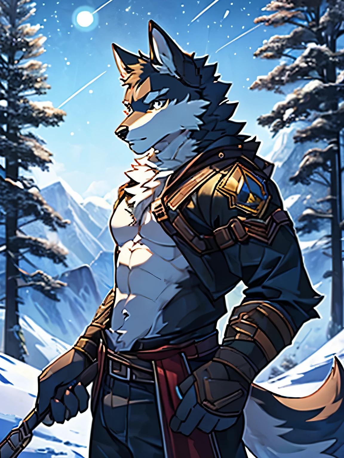 (Furry art, uploaded on e621: 1.4),1 boy, a wolf, alone, on a mountain, looking at the stars, standing, detail fur, perfect eyes, detail body, detail face, perfect pulpils, (masterpiece), (best quality), (ultra-detailed: 1.0), cool pose, (Clear, shiny:0,8), (1boy, solo), (solo_focus), detail fluffy fur, natural lighting, (male), anthro, on forest, detail background, perfect sky, detail fur, eyes yellow, pulpil Balck,