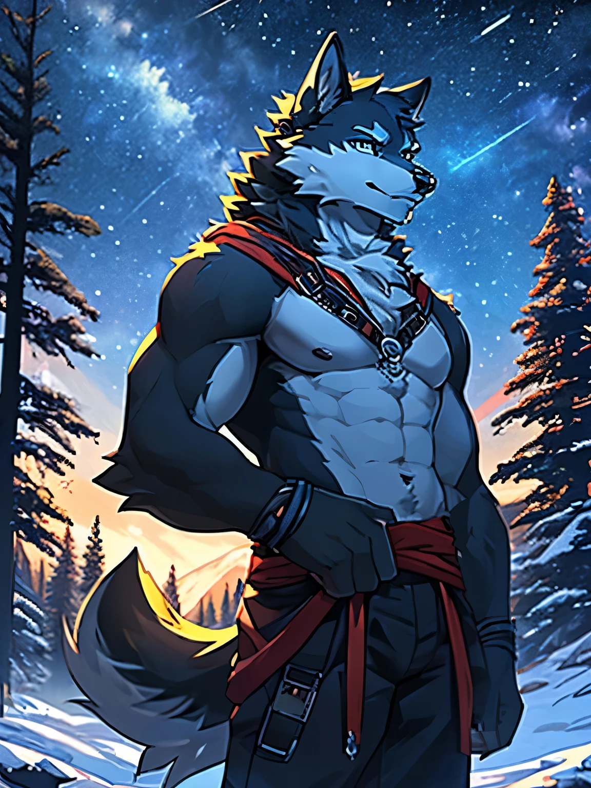 (Furry art, uploaded on e621: 1.4),1 boy, a wolf, alone, on a mountain, looking at the stars, standing, detail fur, perfect eyes, detail body, detail face, perfect pulpils, (masterpiece), (best quality), (ultra-detailed: 1.0), cool pose, (Clear, shiny:0,8), (1boy, solo), (solo_focus), detail fluffy fur, natural lighting, (male), anthro, on forest, detail background, perfect sky, detail fur, eyes yellow, pulpil Balck,