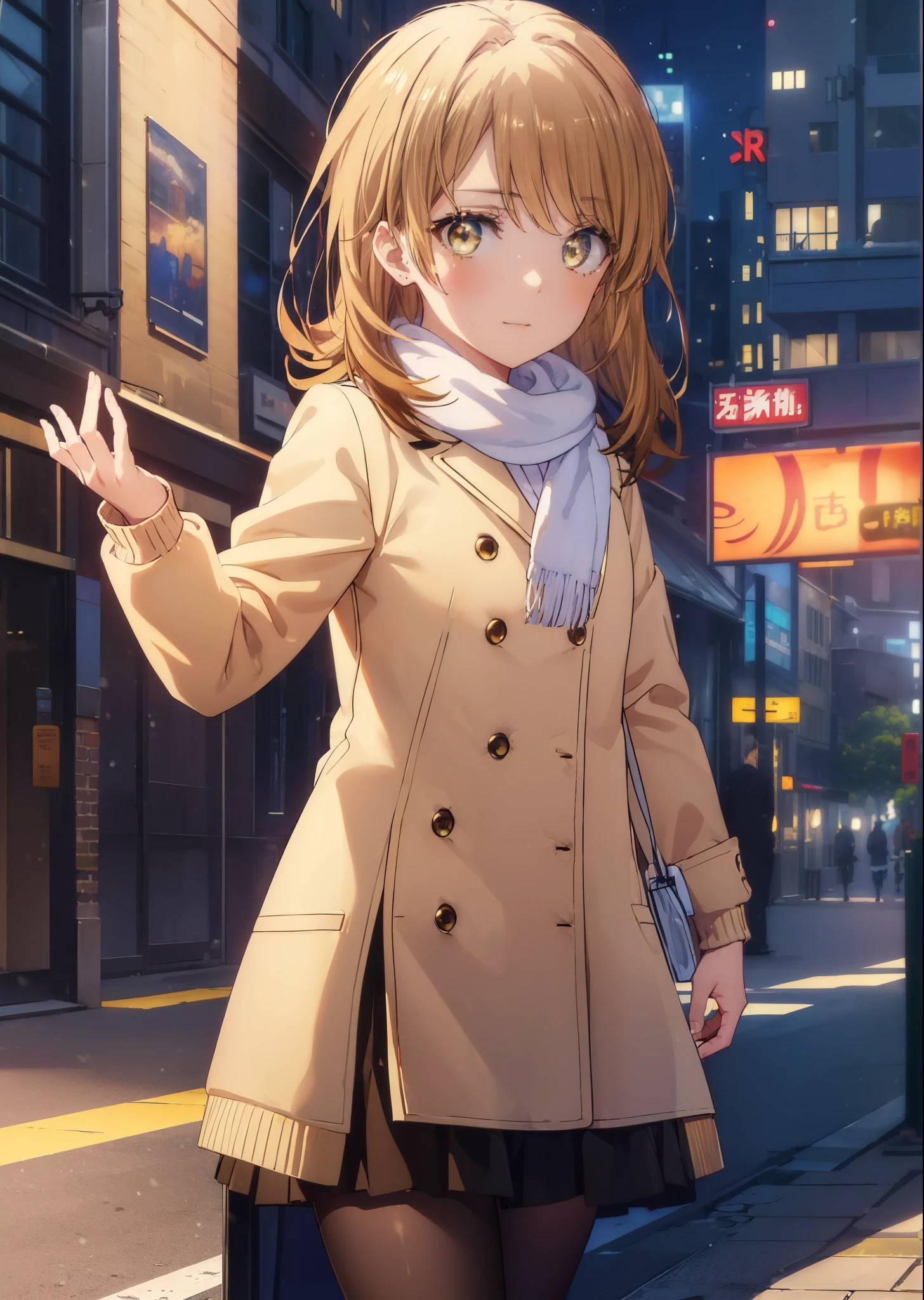 irohaisshiki, Isshiki Iroha, long hair, brown hair, (brown eyes:1.5), smile,blush,yellow long coat,sweater,red muffler,black long skirt,black pantyhose,short boots,winter,It&#39;s snowing,
break outdoors, city,building street,
break (masterpiece:1.2), highest quality, High resolution, unity 8k wallpaper, (shape:0.8), (beautiful and detailed eyes:1.6), highly detailed face, perfect lighting, Very detailed CG, (perfect hands, perfect anatomy),