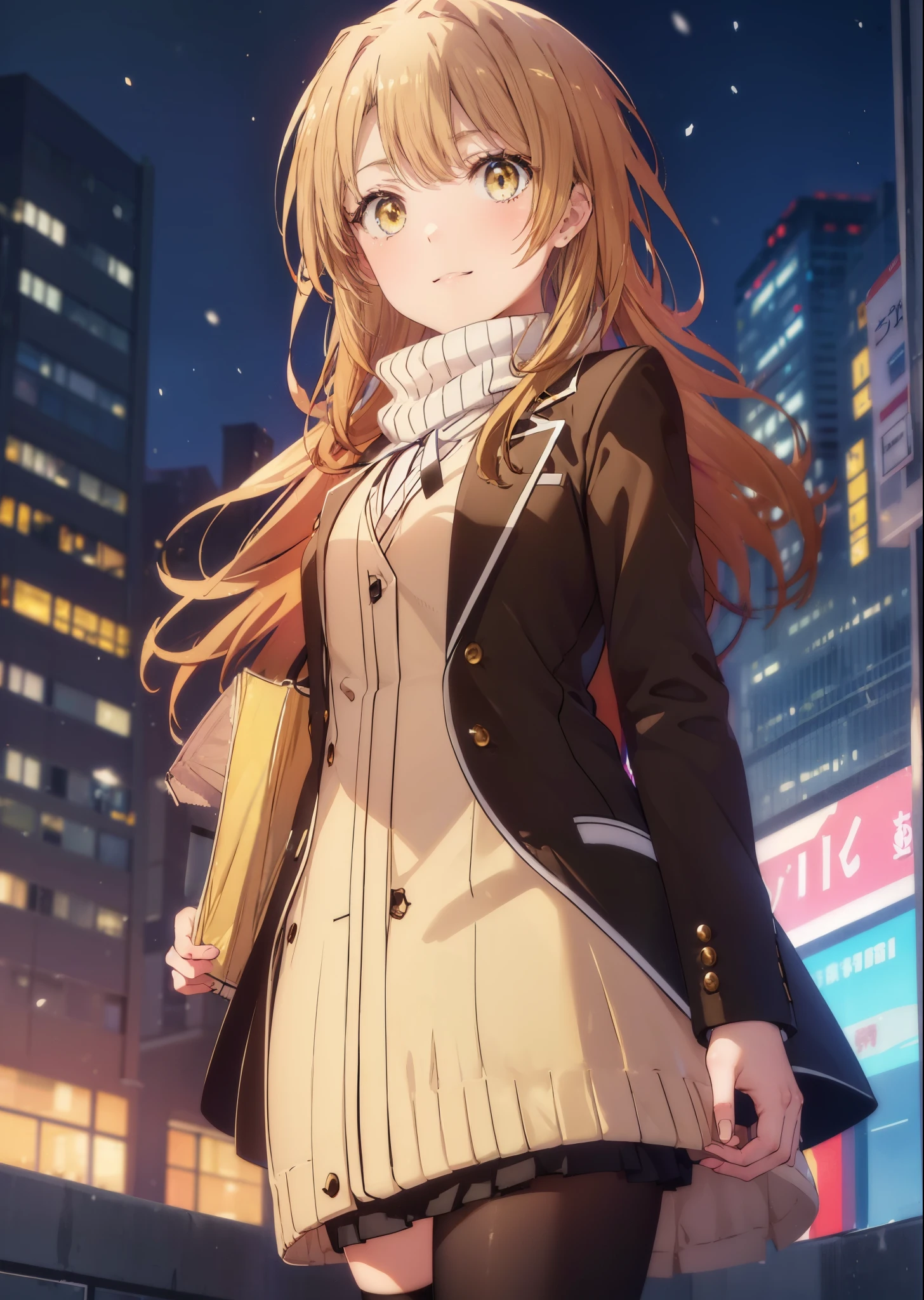 irohaisshiki, Isshiki Iroha, long hair, brown hair, (brown eyes:1.5), smile,blush,yellow long coat,sweater,red muffler,black long skirt,black pantyhose,short boots,winter,It's snowing,
break outdoors, city,building street,
break (masterpiece:1.2), highest quality, High resolution, unity 8k wallpaper, (shape:0.8), (beautiful and detailed eyes:1.6), highly detailed face, perfect lighting, Very detailed CG, (perfect hands, perfect anatomy),