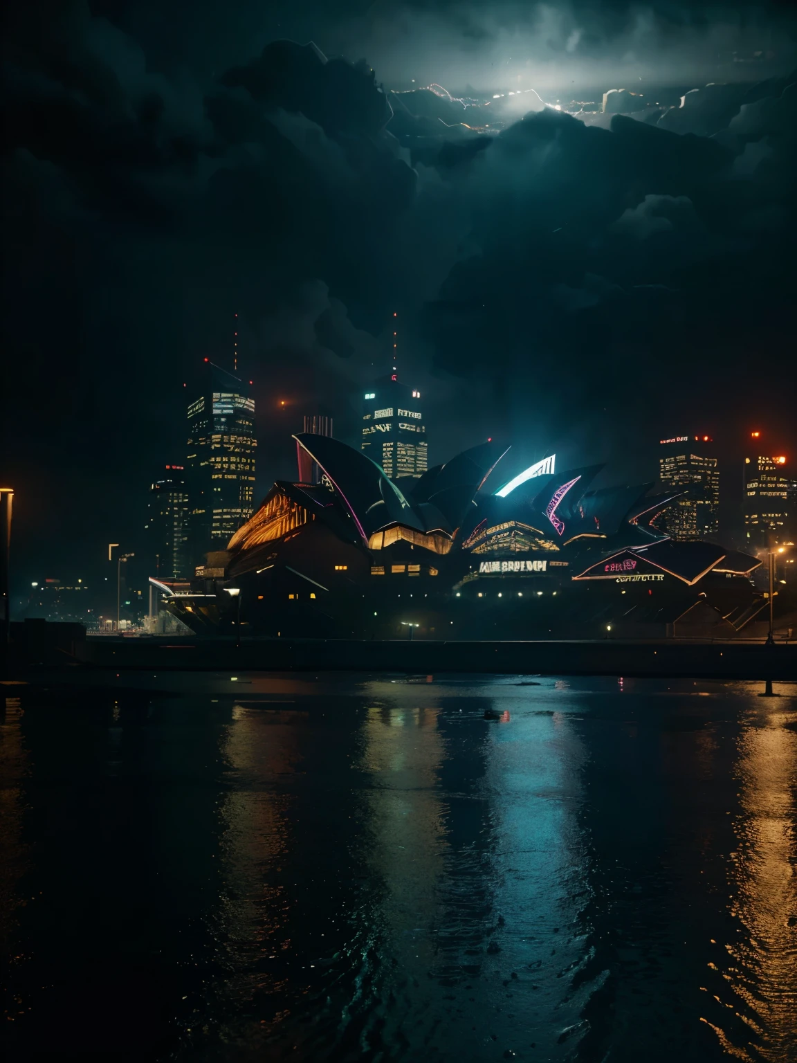 Sidney, city, cyberpunk, cyberpunk city, cyberpunk style, neon light, rain, fog, night time, road, ground view, Sidney opera house, lake, city background, no one, 8k, masterpiece, high resolution, high details