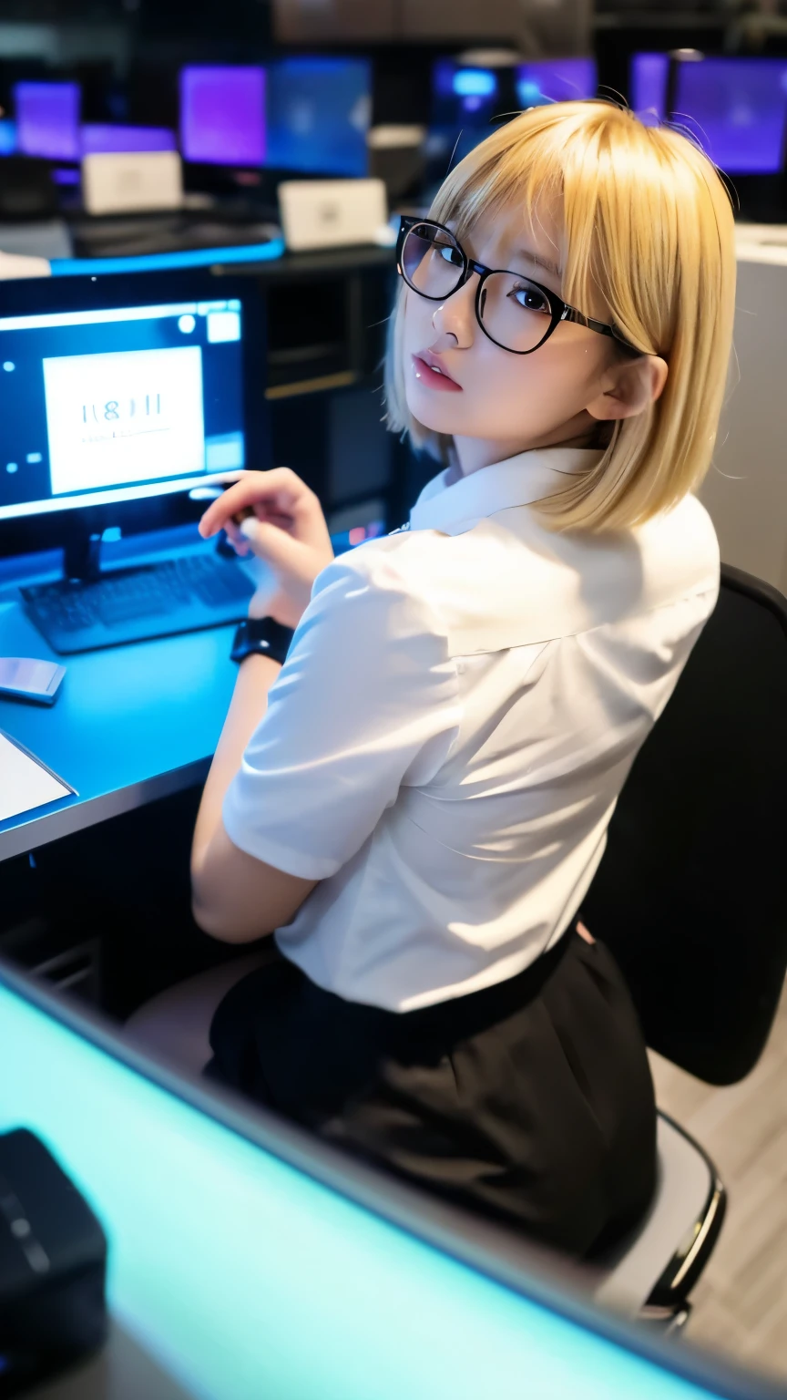 blonde short hair　Glasses　white blouse　black tight skirt　stockings　(Strap ID Card)　赤いルージュのPlumpとした唇　round face　Plump　Rear view　(eye contact)　(Sitting in a chair at a computer desk in an office in a skyscraper, I turn around and look at me.)　sunset　Talk to a female employee and get advice　chinese idol　