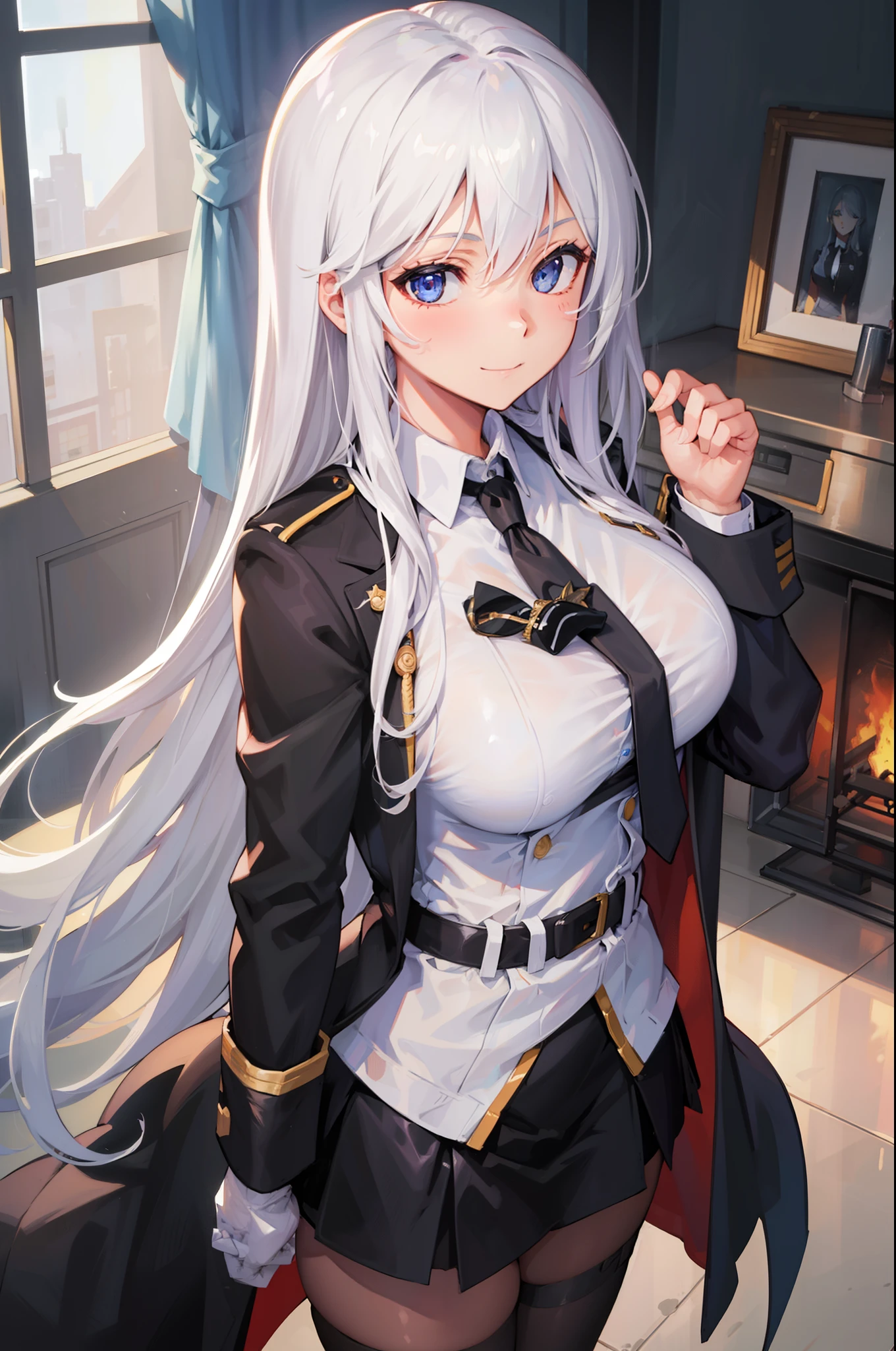 (((Best quality, 1girl,))) white hair, uniform, black coat, large breasts, looking at viewer, warm smile, blue eyes, long hair, military uniform, indoors, close up, black necktie