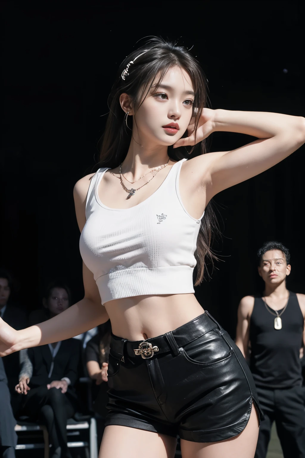 best quality, masterpiece level, intricate details, High-precision graphics, Ultra HD quality, Detailed shadows, wonderful atmosphere, dark background, shadow effect, local light, 1 girl,jewelry,long hair, hair accessories, necklace, skirt, forehead gem, Pants, adult,close up, looking at the audience, cold face, Upper body, Photorealistic,a beautiful girl, solo performance, The face and eyes are exquisite and detailed, Really fit the skin, black and white contrast scheme, High waist and slim leg lines, With shorts, (Sleeveless T-shirt top, full body demonstration),