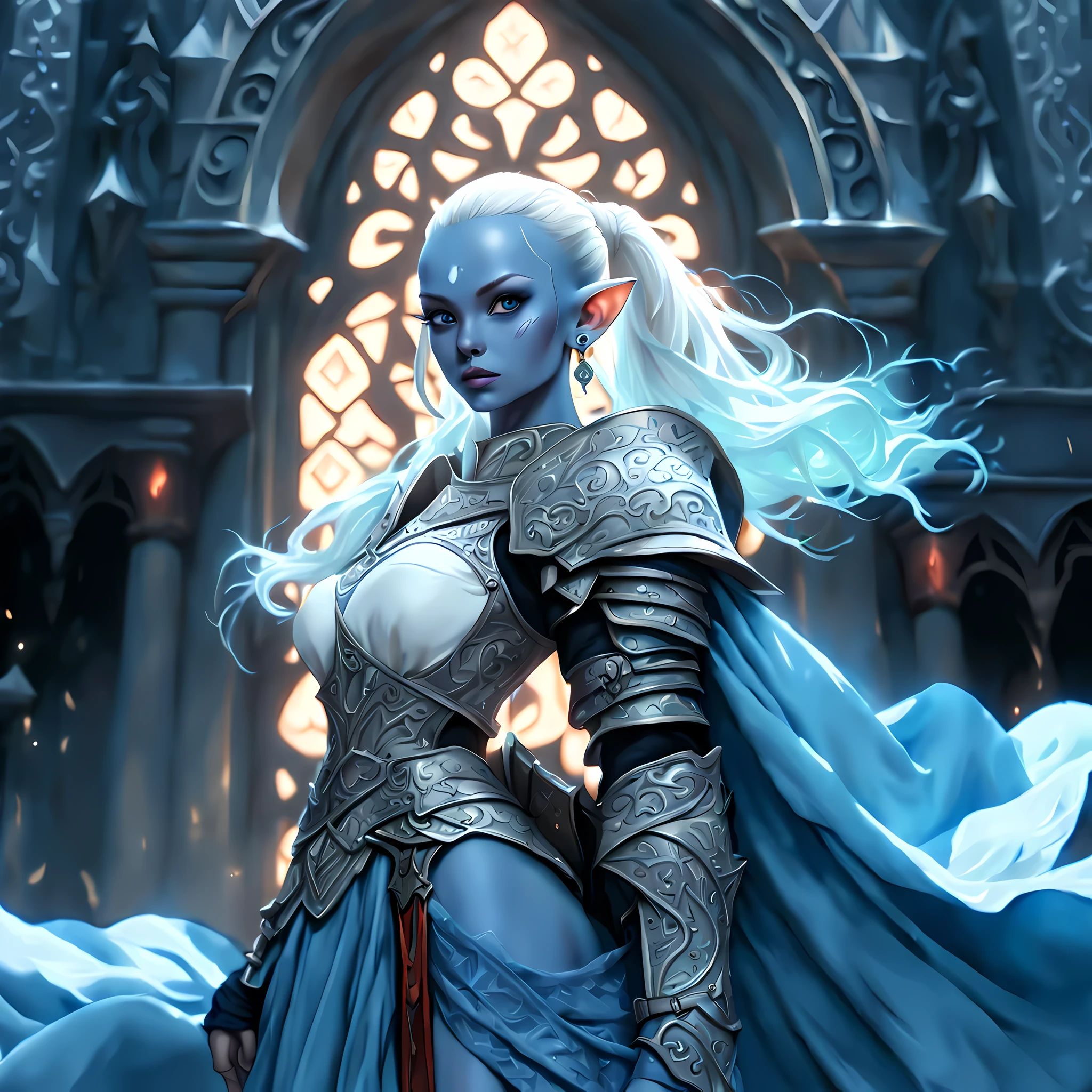 fantasy art, dnd art, RPG art, wide shot, (masterpiece: 1.4) a (portrait: 1.3) intense details, highly detailed, photorealistic, best quality, highres, portrait a female (fantasy art, Masterpiece, best quality: 1.3) ((blue skin: 1.5)), intense details facial details, exquisite beauty, (fantasy art, Masterpiece, best quality) cleric, (blue: 1.3) skinned female, white hair, long hair, (hair hides ears: 1.5), (green: 1.3) eye, fantasy art, Masterpiece, best quality) armed a fiery sword red fire, wearing heavy (white: 1.3) half plate mail armor, wearing high heeled laced boots, wearing an(orange :1.3) cloak, wearing glowing holy symbol GlowingRunes_yellow, within fantasy temple background, reflection light, high details, best quality, 16k, [ultra detailed], masterpiece, best quality, (extremely detailed), close up, ultra wide shot, photorealistic, RAW, fantasy art, dnd art, fantasy art, realistic art,((best quality)), ((masterpiece)), (detailed), perfect face, 