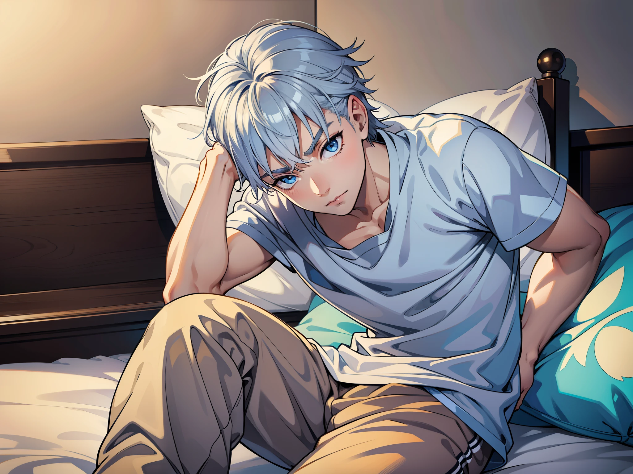 young slim athletic boy with silver hair blue eyes just woke up from a strange dream sits on the bed