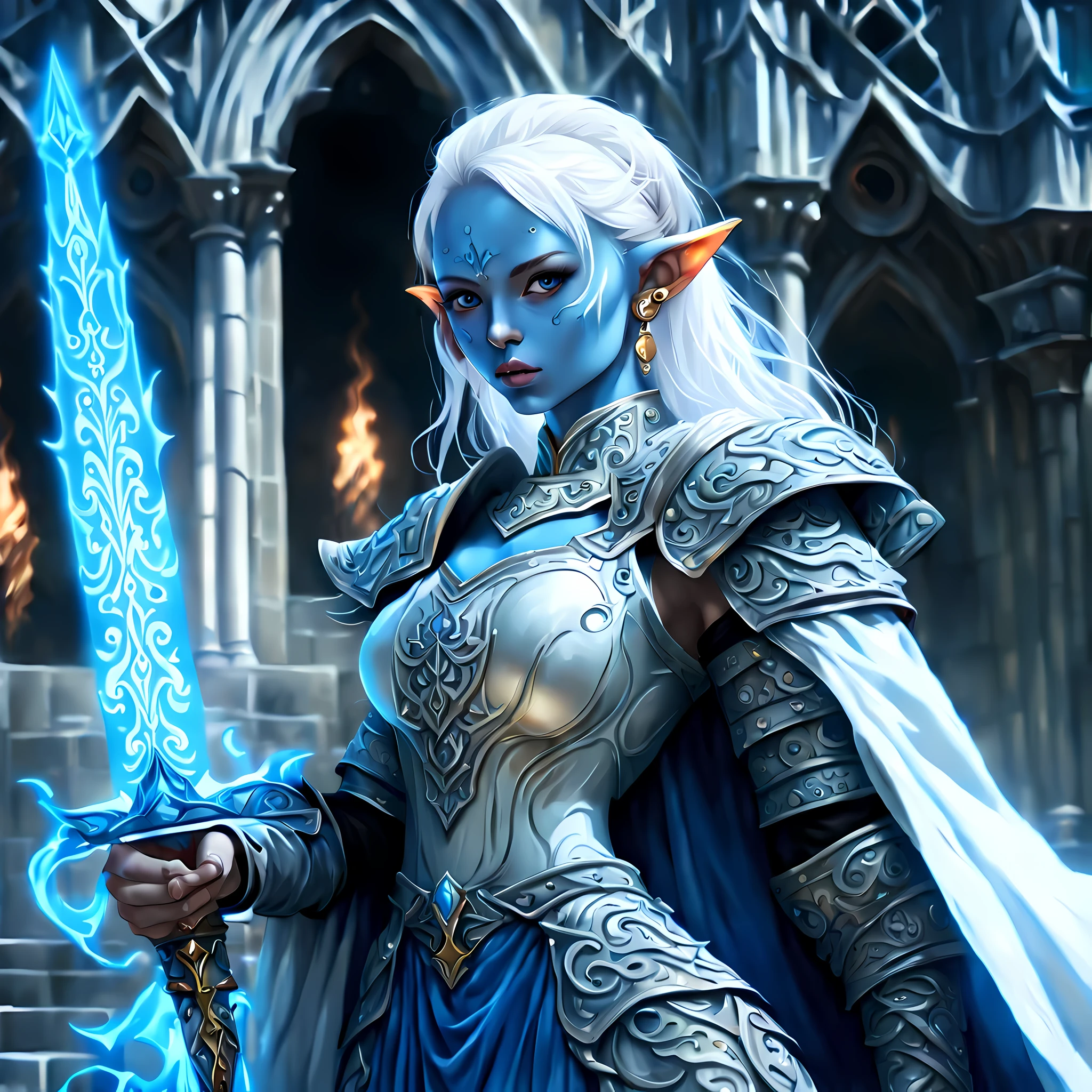 fantasy art, dnd art, RPG art, wide shot, (masterpiece: 1.4) a (portrait: 1.3) intense details, highly detailed, photorealistic, best quality, highres, portrait a female (fantasy art, Masterpiece, best quality: 1.3) ((blue skin: 1.5)), intense details facial details, exquisite beauty, (fantasy art, Masterpiece, best quality) cleric, (blue: 1.3) skinned female, white hair, long hair, (hair hides ears: 1.5), (green: 1.3) eye, fantasy art, Masterpiece, best quality) armed a fiery sword red fire, wearing heavy (white: 1.3) half plate mail armor, wearing high heeled laced boots, wearing an(orange :1.3) cloak, wearing glowing holy symbol GlowingRunes_yellow, within fantasy temple background, reflection light, high details, best quality, 16k, [ultra detailed], masterpiece, best quality, (extremely detailed), close up, ultra wide shot, photorealistic, RAW, fantasy art, dnd art, fantasy art, realistic art,((best quality)), ((masterpiece)), (detailed), perfect face, 