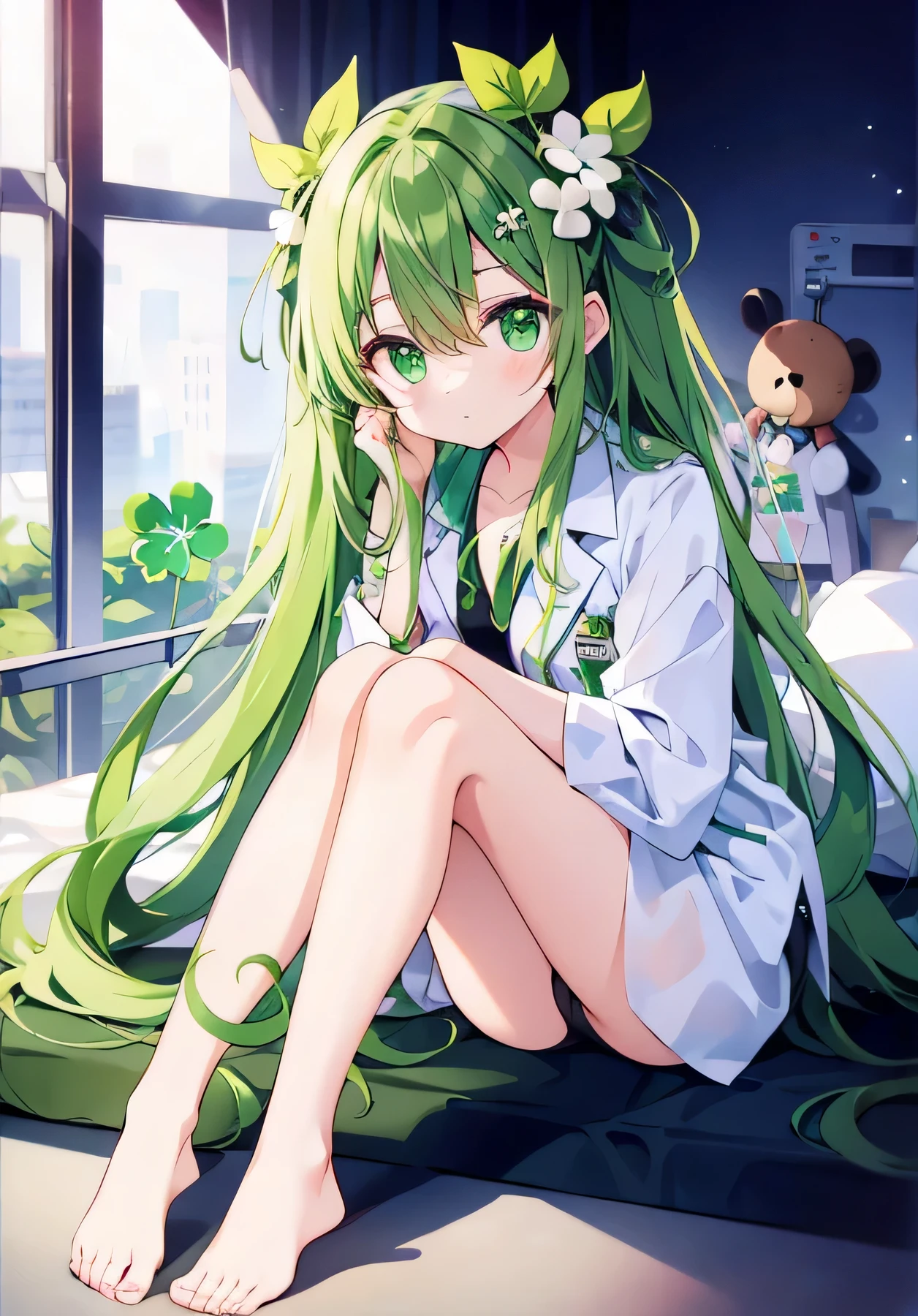 Green girl with long hair，Oversized four-leaf clover headdress，Hospital suits，no shoes，green eyes，gloomy eyes