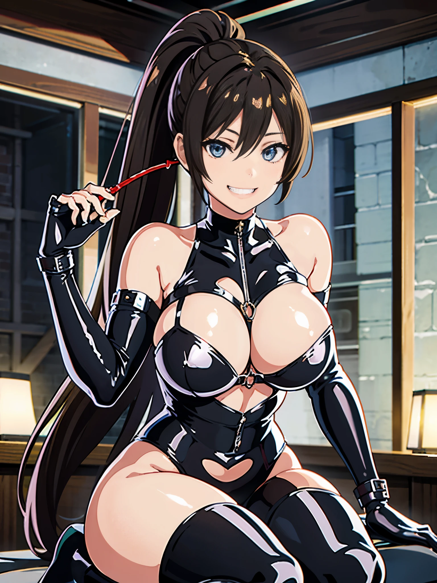 女性1 person、(((black shiny latex bondage suit)))、(from below:1.3)、 brown hair, brown eyes, long and high ponytail, hair band, 1 person、25 years old, japanese mature woman, beautiful fingers, beautiful long legs, beautiful body, beautiful nose, beautiful character design, perfect eyes, perfect face, jewelry, See-through, looking at the viewer, hair ornaments, choker, shy, (grin:1.6)、The King of Fighters,(((Has a black super long whip:1.5)))、
(table top, highest qualityの, highest quality, beautiful and aesthetic: 1.2), very detailed, more detailed,Proper body proportions,table top,Super high quality output image,High resolution,intricate details,very delicate and beautiful hair,realistic pictures,dream-like,professional lighting,realistic shadow,focus only,
(big breasts:1.2,) , floating skirt,
Knee-high long boots with stiletto heels、Anime one、from below、(((depiction of a prison)))