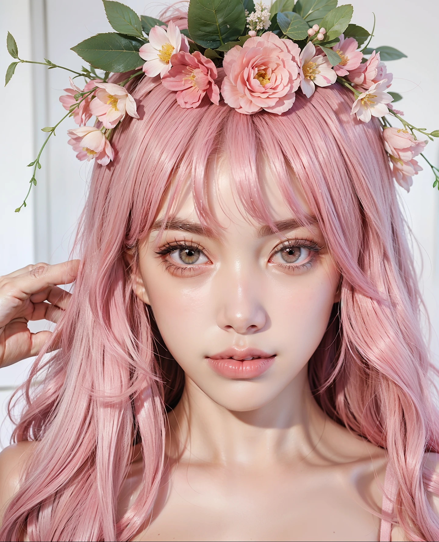a close up of a woman with pink hair and a flower crown, belle delphine, pink straight hair, fairycore, kawaii realistic portrait, pastel pink skin tone, popular south korean makeup, long flowing pink hair, pink wispy hair, popular korean makeup, flowing pink hair, cute natural anime face, cute girl with short pink hair, with pink hair, anime inspired