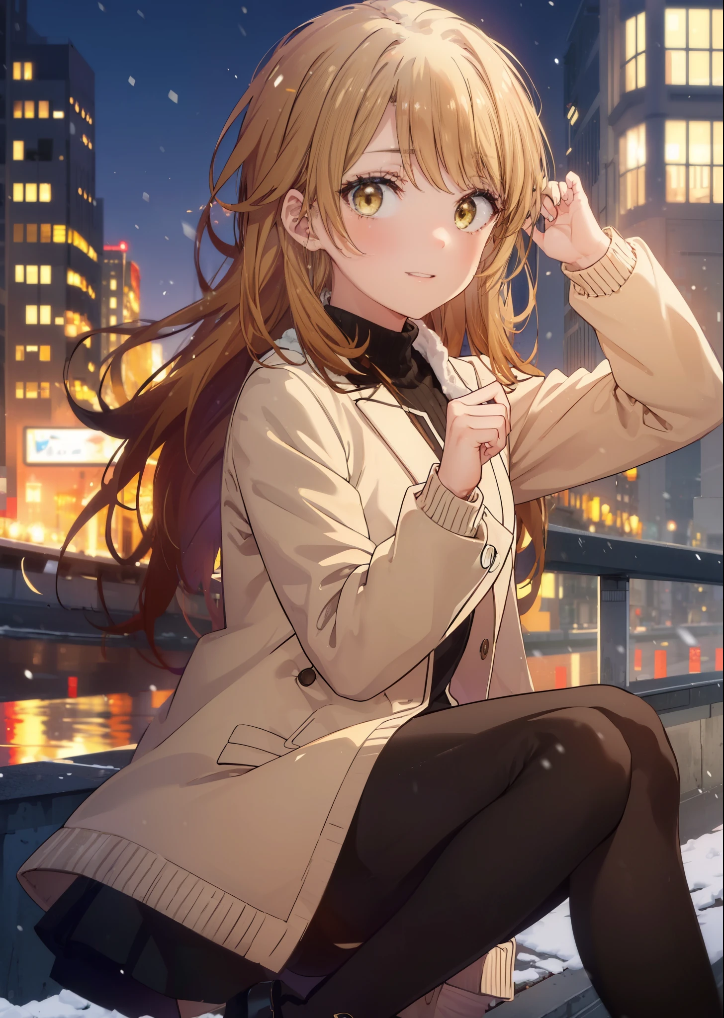 irohaisshiki, Isshiki Iroha, long hair, brown hair, (brown eyes:1.5), smile,blush,yellow long coat,sweater,red muffler,black long skirt,black pantyhose,short boots,winter,It's snowing,
break outdoors, city,building street,
break (masterpiece:1.2), highest quality, High resolution, unity 8k wallpaper, (shape:0.8), (beautiful and detailed eyes:1.6), highly detailed face, perfect lighting, Very detailed CG, (perfect hands, perfect anatomy),