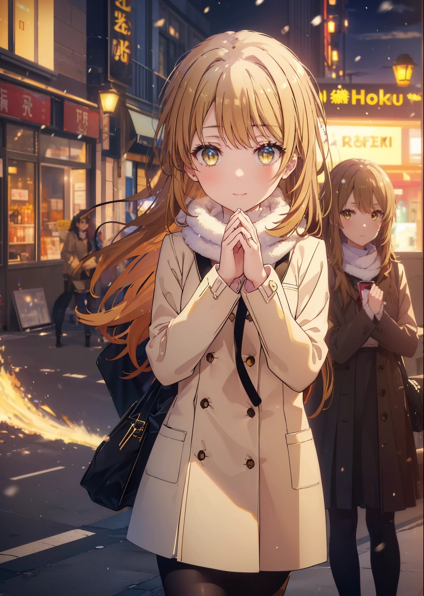 irohaisshiki, Isshiki Iroha, long hair, brown hair, (brown eyes:1.5), smile,blush,yellow long coat,sweater,red muffler,black long skirt,black pantyhose,short boots,winter,It's snowing,
break outdoors, city,building street,
break (masterpiece:1.2), highest quality, High resolution, unity 8k wallpaper, (shape:0.8), (beautiful and detailed eyes:1.6), highly detailed face, perfect lighting, Very detailed CG, (perfect hands, perfect anatomy),