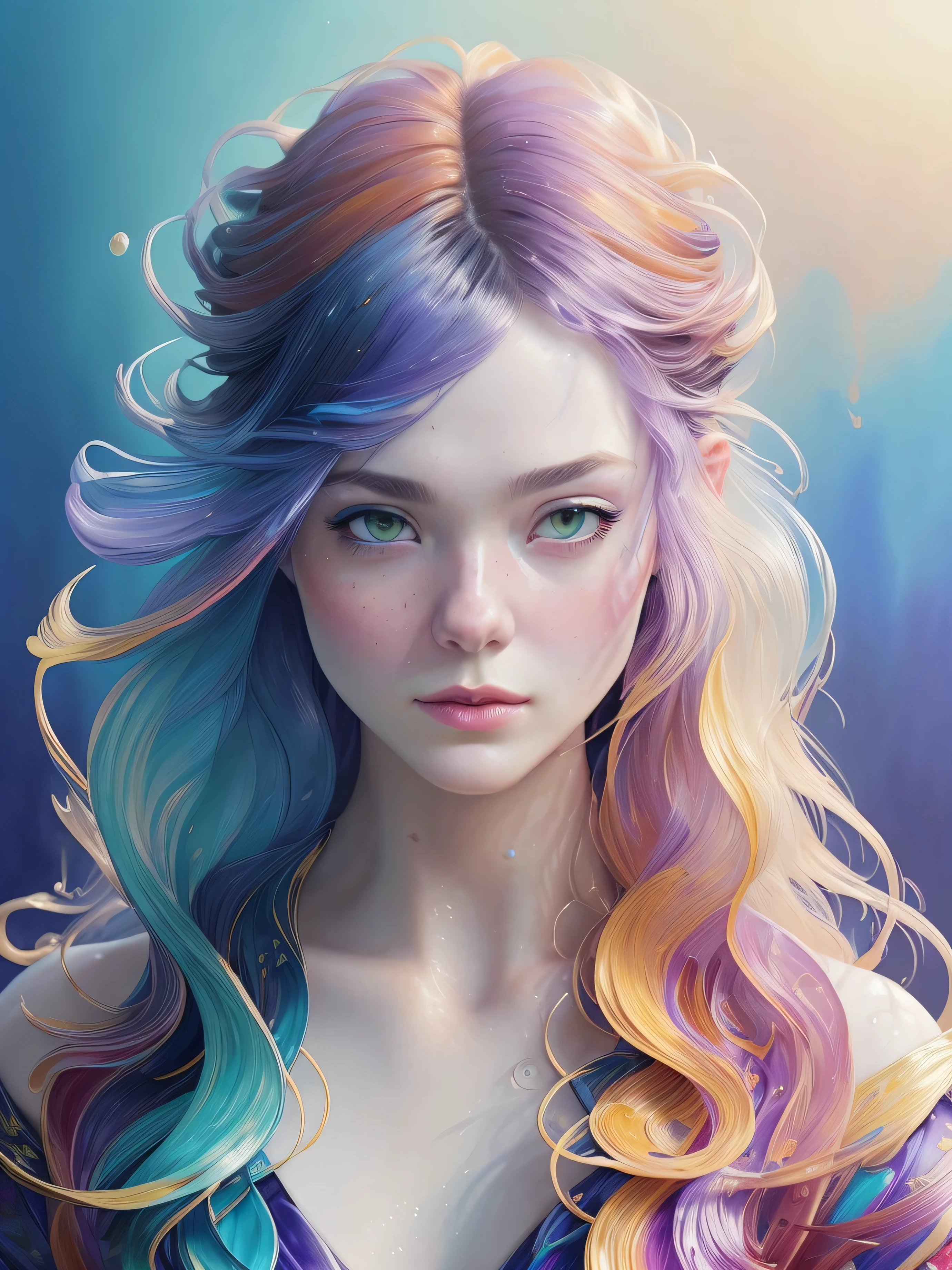 Colorful beautiful girl: a giru 28-years old, messy hair, oil painting, nice perfect face with soft skinice perfect face, blue yellow colors, light purple and violet additions, light red additions, intricate detail, splash screen, 8k resolution, masterpiece, cute face,artstation digital painting smooth veryBlack ink flow: 8k resolution photorealistic masterpiece: intricately detailed fluid gouache painting: by Jean Baptiste Mongue: calligraphy: acrylic: watercolor art, professional photography, natural lighting, volumetric lighting maximalist photoillustration: by marton bobzert:, complex, elegant, expansive, fantastical,  wavy hair, vibrant, Best quality details, realistic, High definition, High quality texture, epic lighting, Cinematic film still, 8k, soft lighting, anime style, masterful playing card border, random Colorful art, oil painting, blue yellow colors, light purple and violet additions, light red additions, intricate detail, splash screen, 8k resolution, masterpiece, artstation digital painting smooth veryBlack ink flow: 8k resolution photorealistic masterpiece: intricately detailed fluid gouache painting: by Jean Baptiste Mongue: calligraphy: acrylic: watercolor art, professional photography, natural lighting, volumetric lighting maximalist photoillustration: by marton bobzert:, complex, elegant, expansive, fantastical, vibrant