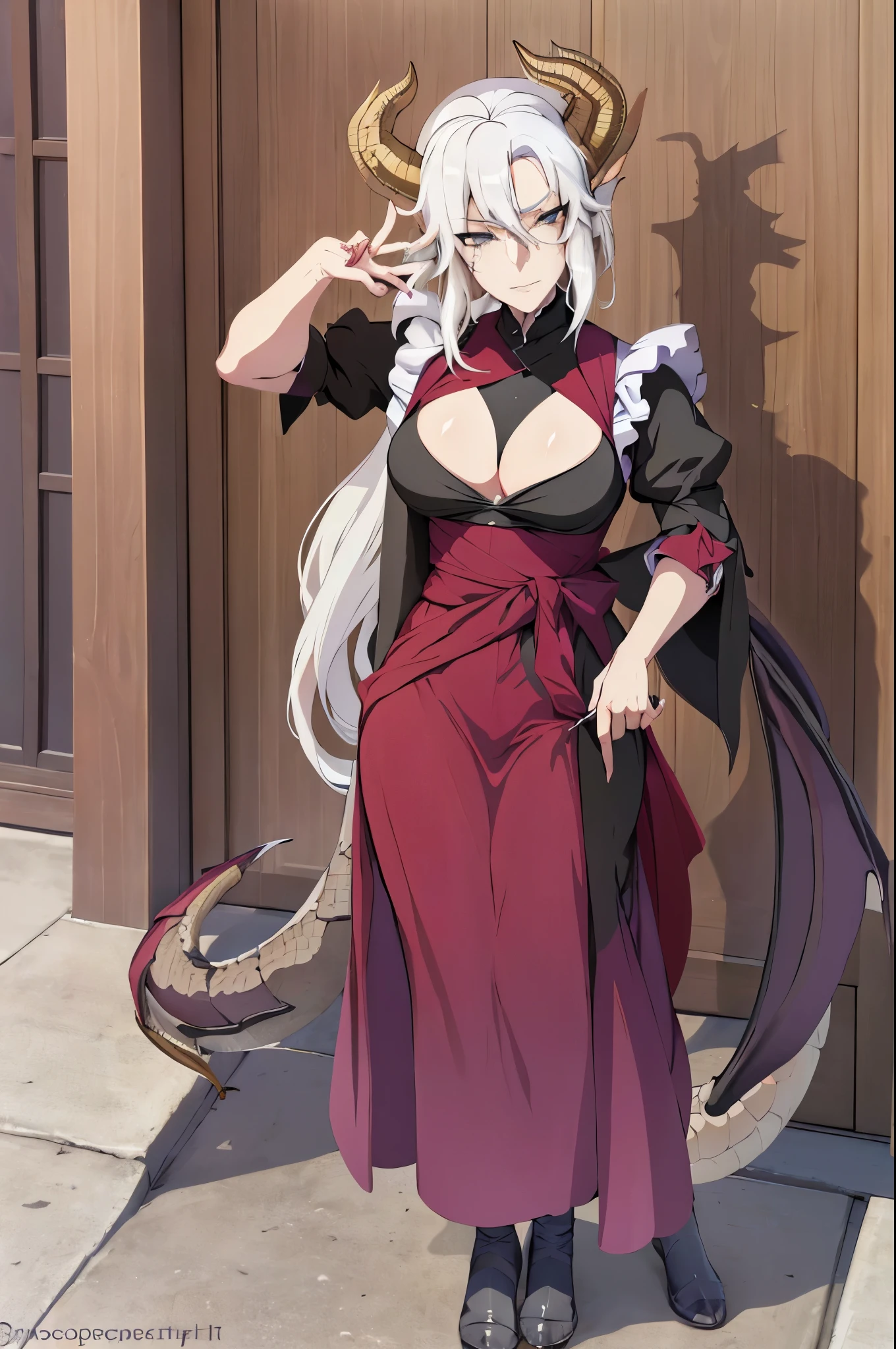 ((obra de arte, alta qualidade, high resolution,))
ao ar livre, sentado,
Ino Yamanaka, housekeeper, (((roupa de Maid))), (((dragon horns))), (((dragon tail)))