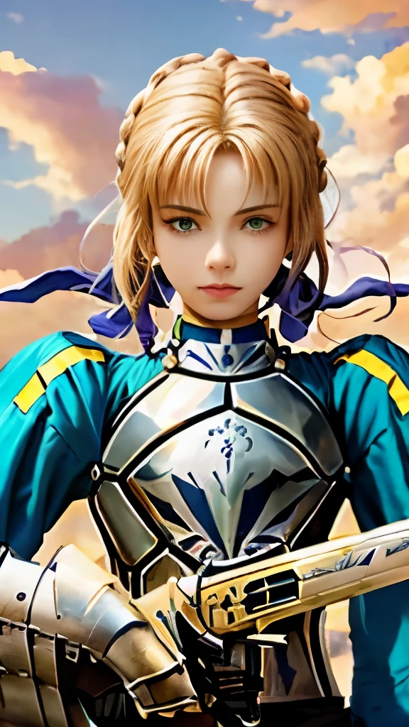 a woman in armor holding a sword and looking at the camera, artoria pendragon, anime style like fate/stay night, fate / stay night, inspired by Li Chevalier, fate stay night, knights of zodiac girl, fate zero, lodoss, portrait knights of zodiac girl, top 25 fantasy anime series, fate/zero, brigandine