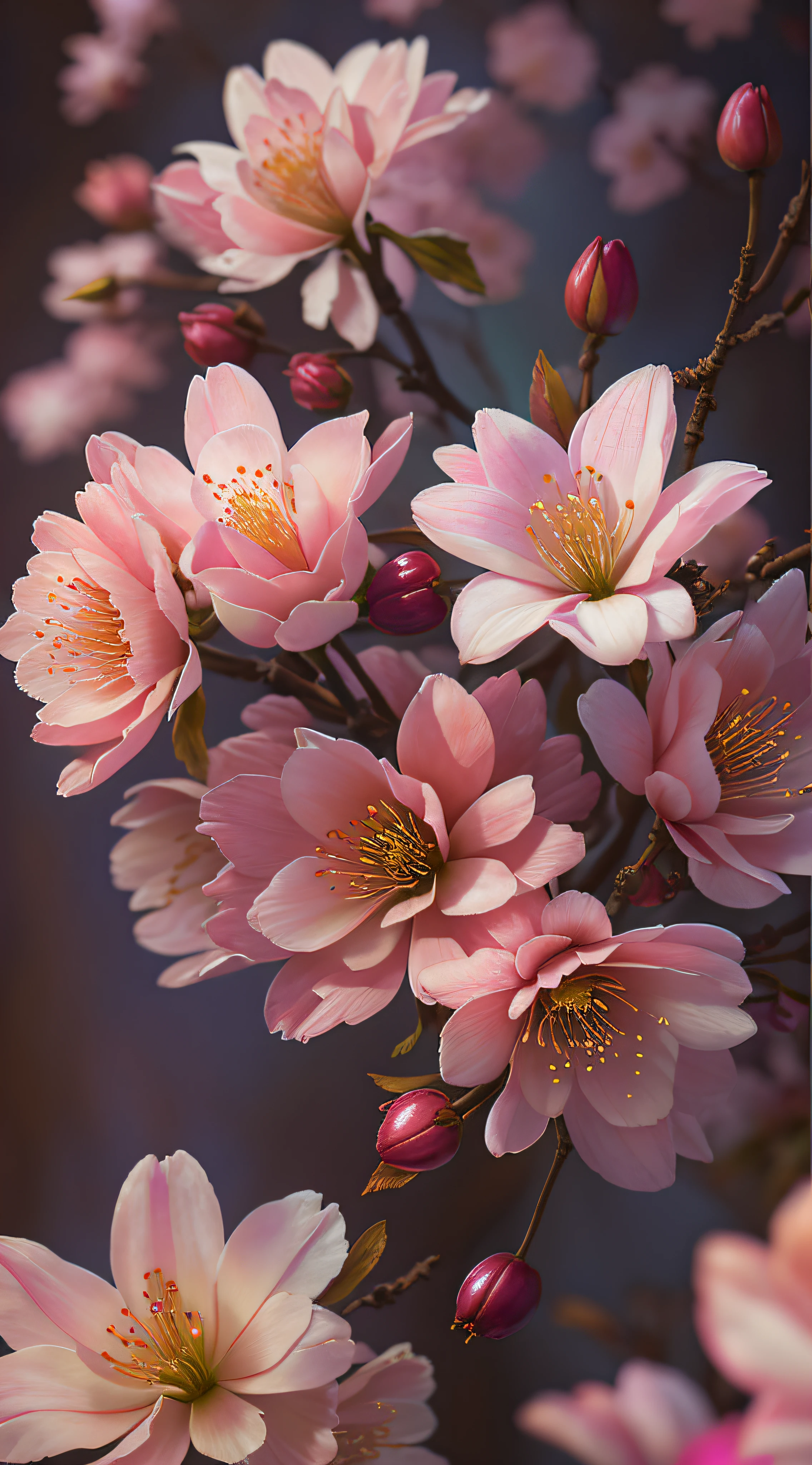 Flower by Casey Weldon, Olga Kvasha, Miho Hirano, hyperdetailed complicatedly detailed gothic art trending on Artstation triadic colors Unreal Engine 5 detailed matte painting, Deep color, imaginary, complicated detail, splash screen, Complementary colors, fantasy concept art, 8K resolution, Gothic masterpiece DeviantArt, (Dark shot:0.9), Art by Greg Rutkowski and Artgerm, Soft cinematic light, Adobe Lightroom, Photo lab, Human development report, complicated, Very detailed, Pink cherry blossom